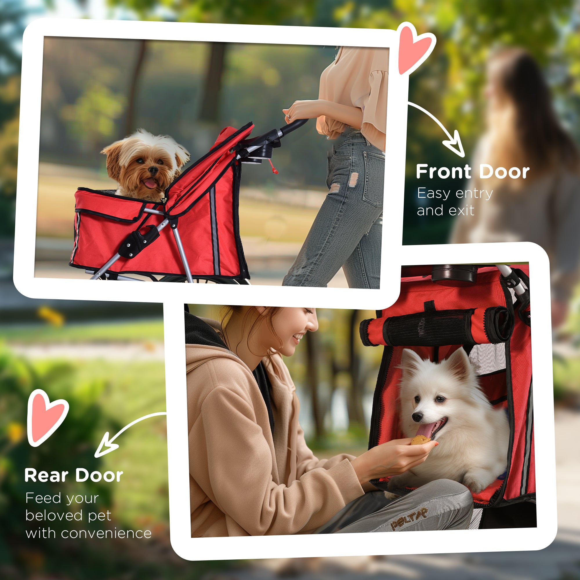 PawHut Pet Stroller, Dog Pram, Foldable Pushchair, Cat Travel Carriage with Wheels, Zipper Entry, for Small Pets, Red