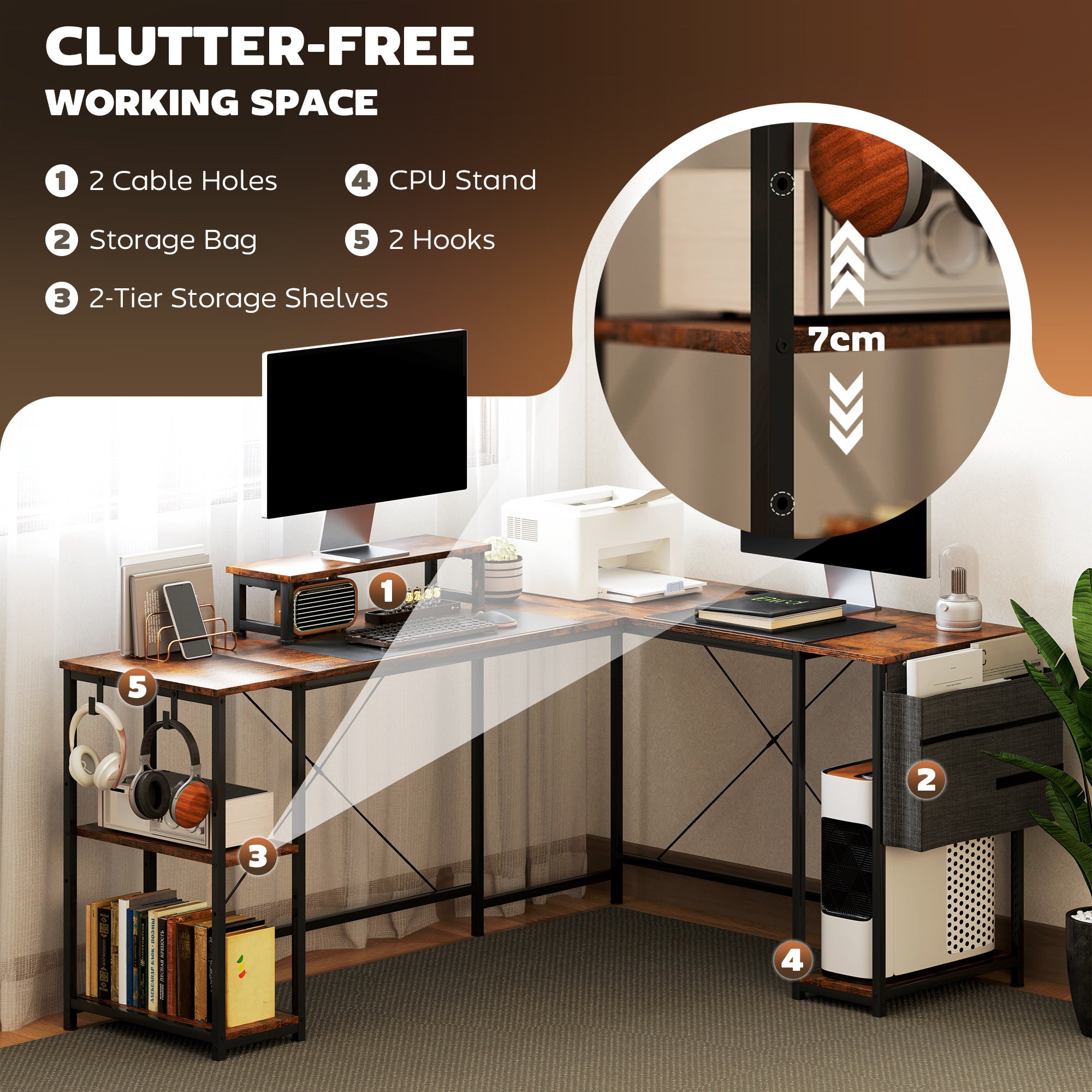 HOMCOM 168cm Reversible L Shaped Desk, Industrial Corner Computer Desk with Adjustable Shelf and Storage Bag, 240cm 2 Person Desk with Monitor Stand, Rustic Brown - North Peak Garden Furniture