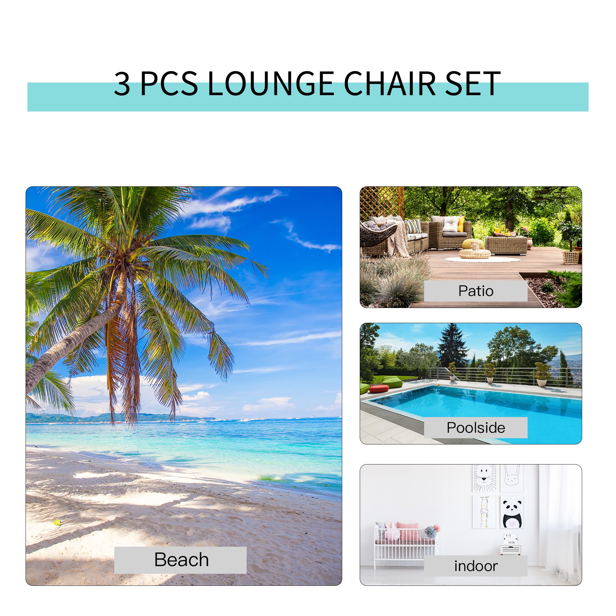Outsunny 3 Pieces Lounge Chair Set Metal Frame Garden Outdoor Recliner Sunbathing Chair with Table, Cream - North Peak Garden Furniture