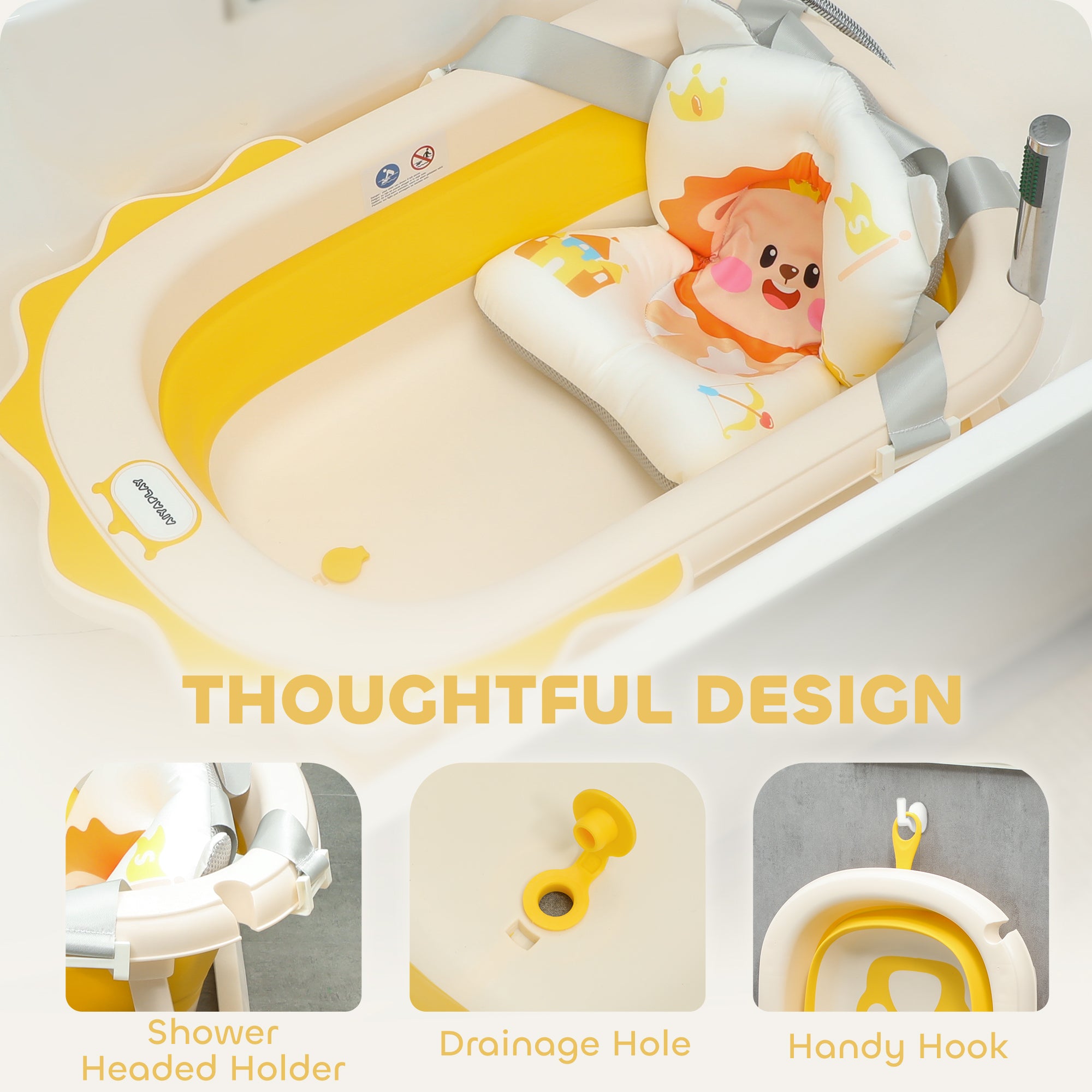 AIYAPLAY Foldable Baby Bath Tub Set with Bath Cushion, Wash Basin, Non-slip Stand & Bottom, Yellow - North Peak Garden Furniture