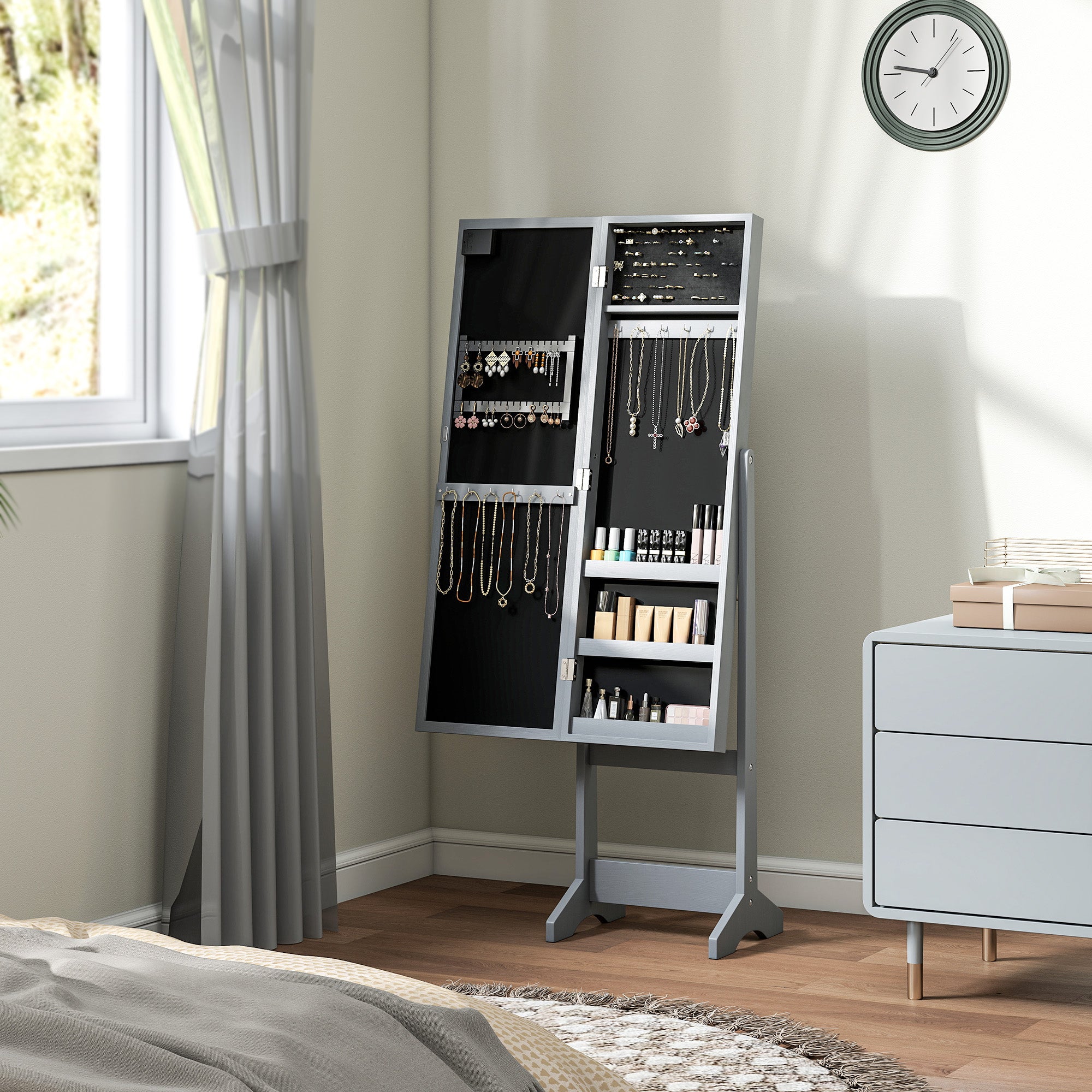 HOMCOM Free Standing Mirror Jewelry Cabinet with LED Lights, Jewellery Organiser with 3 Angle Adjustable, Full-Length Mirror with Storage for Earrings, Necklaces, Rings and Lipsticks, Grey