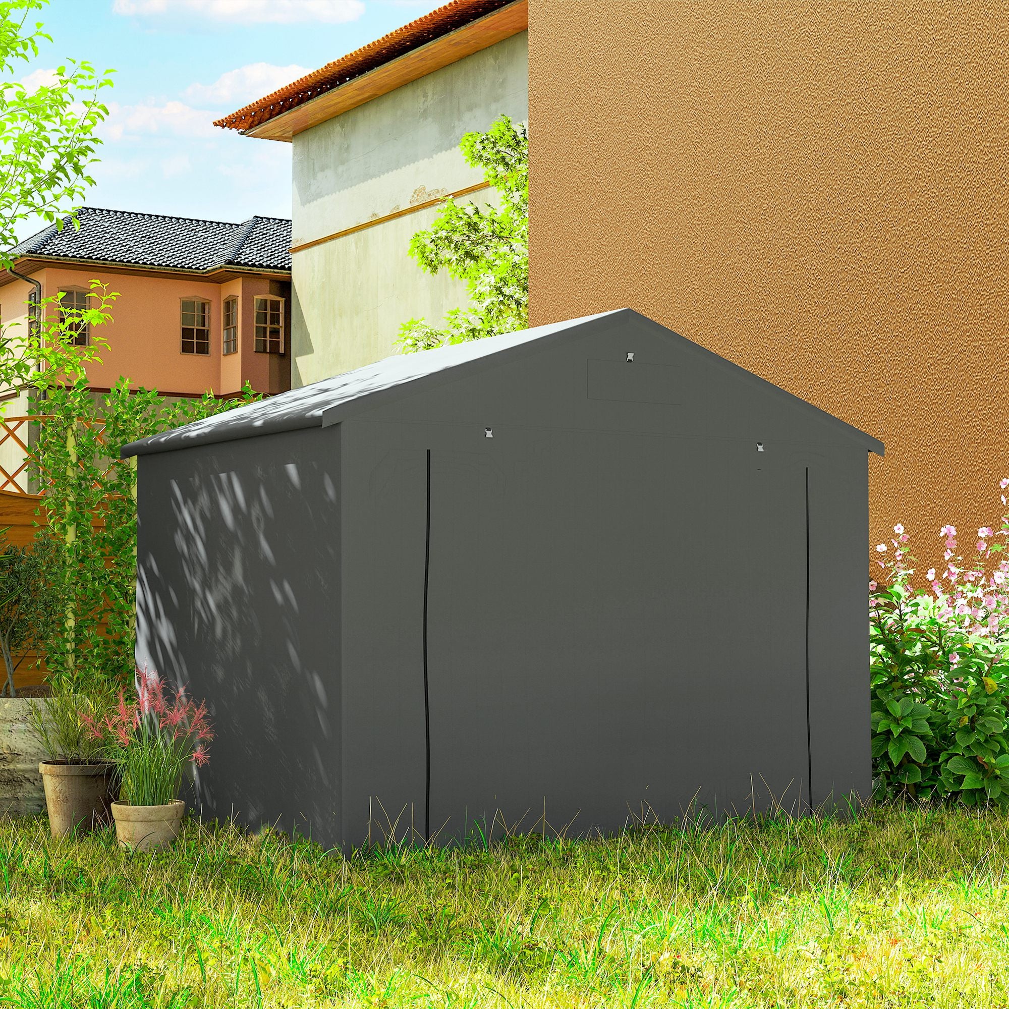 Outsunny 8 x 6 ft Outdoor Garden Storage Shed, Waterproof Bike Tent with Roll-Up Zipper Door