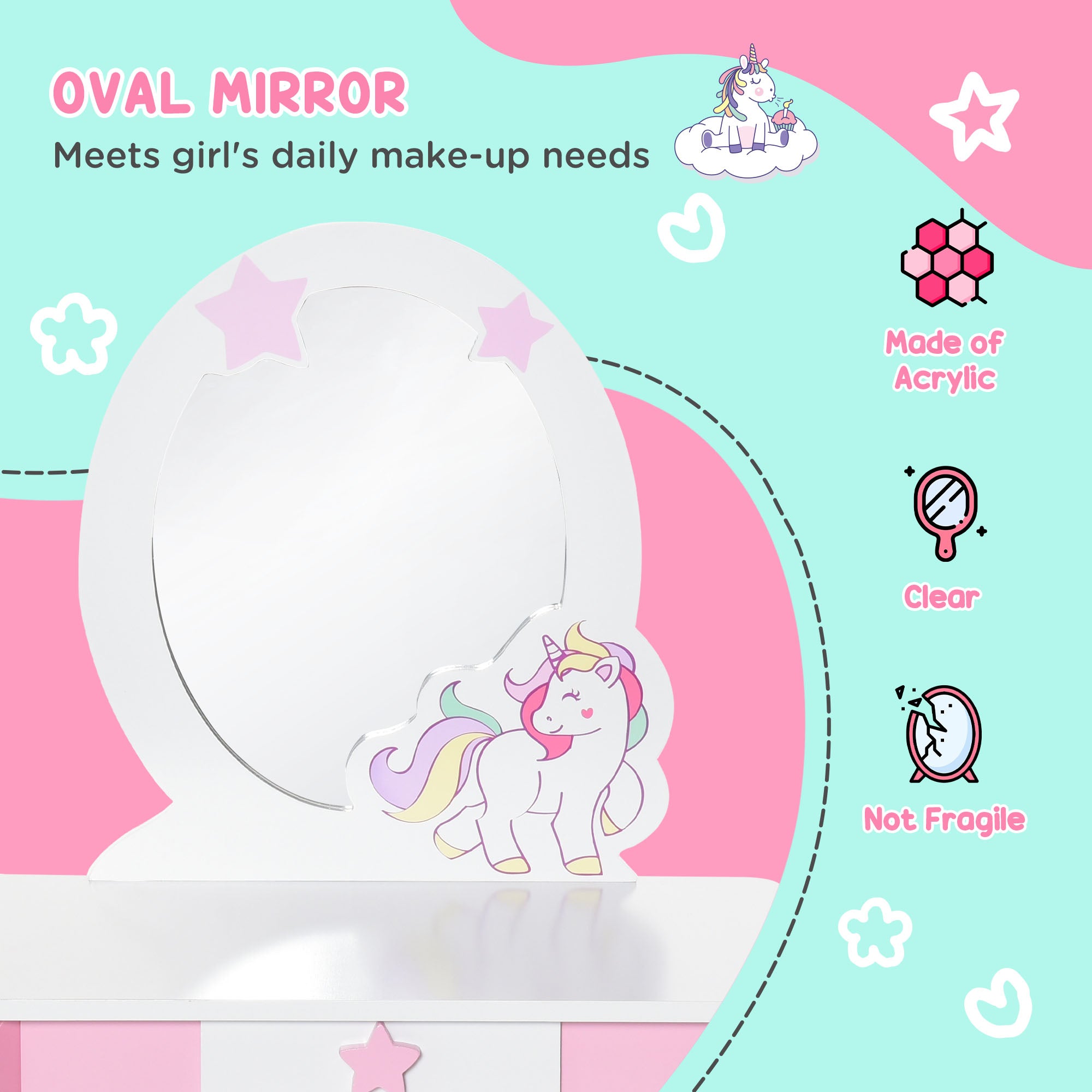 HOMCOM Kids Dressing Table with Mirror, Stool, Pink - North Peak Garden Furniture