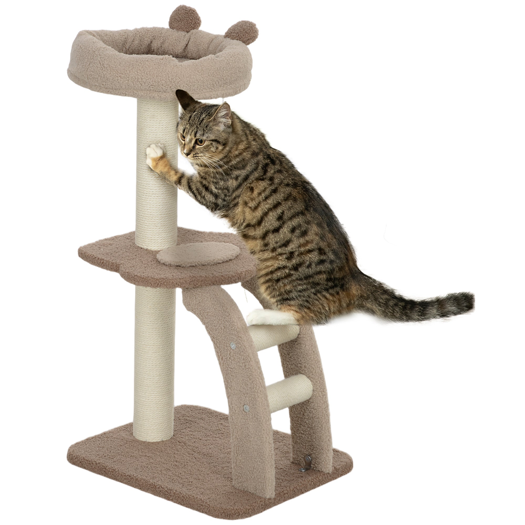 PawHut Cat Tee for Indoor Cats, 88cm Cat Tower with Sisal Scratching Post, Hanging Ball, Large Cat Perch, Stairs, Brown - North Peak Garden Furniture