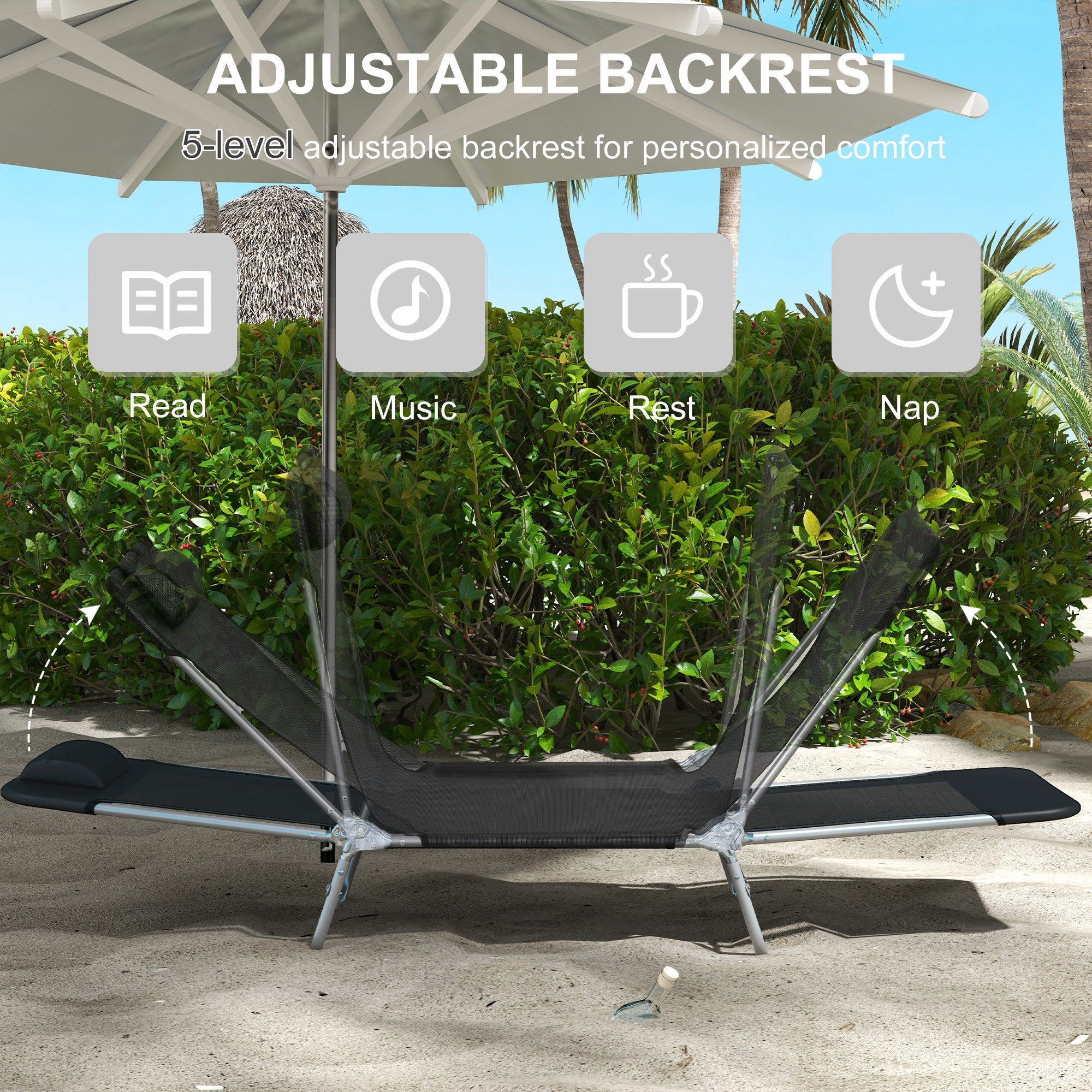 Outsunny Set of Two Steel Frame Sun Loungers, with Reclining Backs - Black