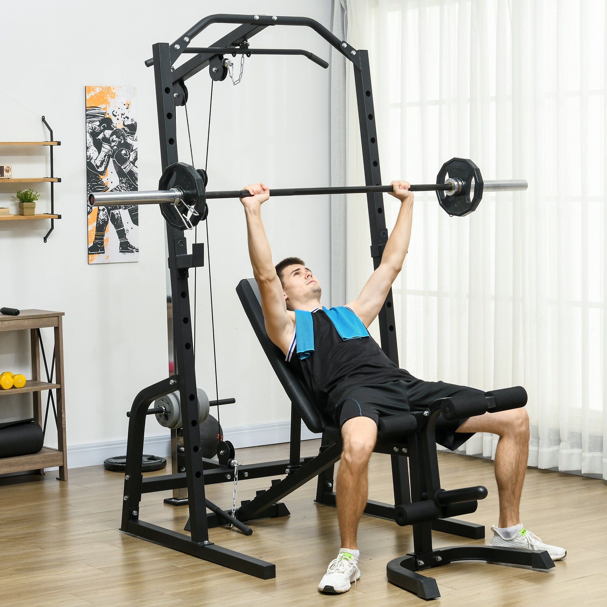 SPORTNOW Smith Machine & Cable Pulley System with Adjustable Weight Bench, Multifunction Home Gym Power Rack with Lat Pull Down System, Barbell Rack for Full Body Training, Black - North Peak Garden Furniture