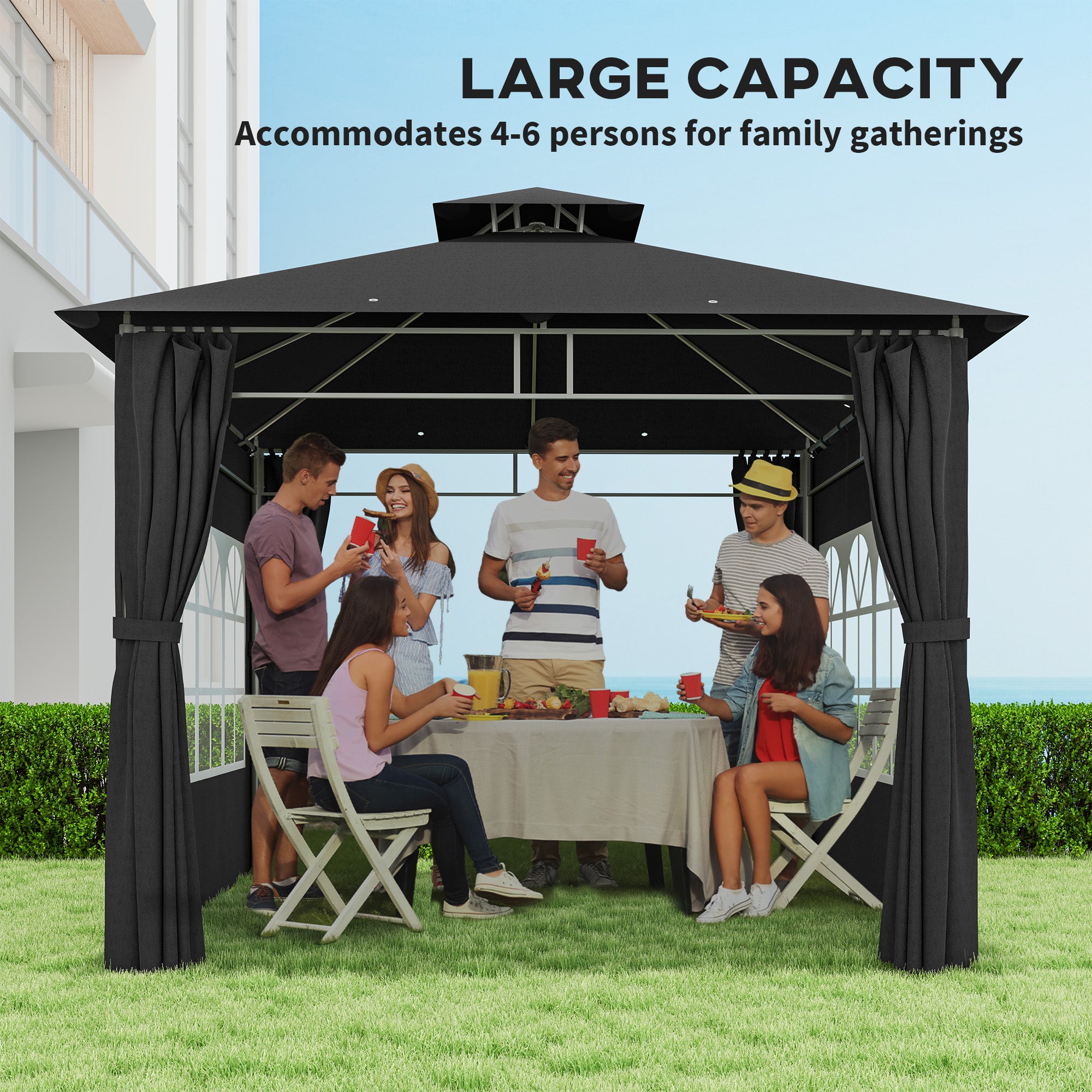 Outsunny 3 x 3 m Garden Gazebo, Double Roof Metal Gazebo with Removable Sidewalls and Church Windows, Outdoor Canopy Shelter, Black - North Peak Garden Furniture