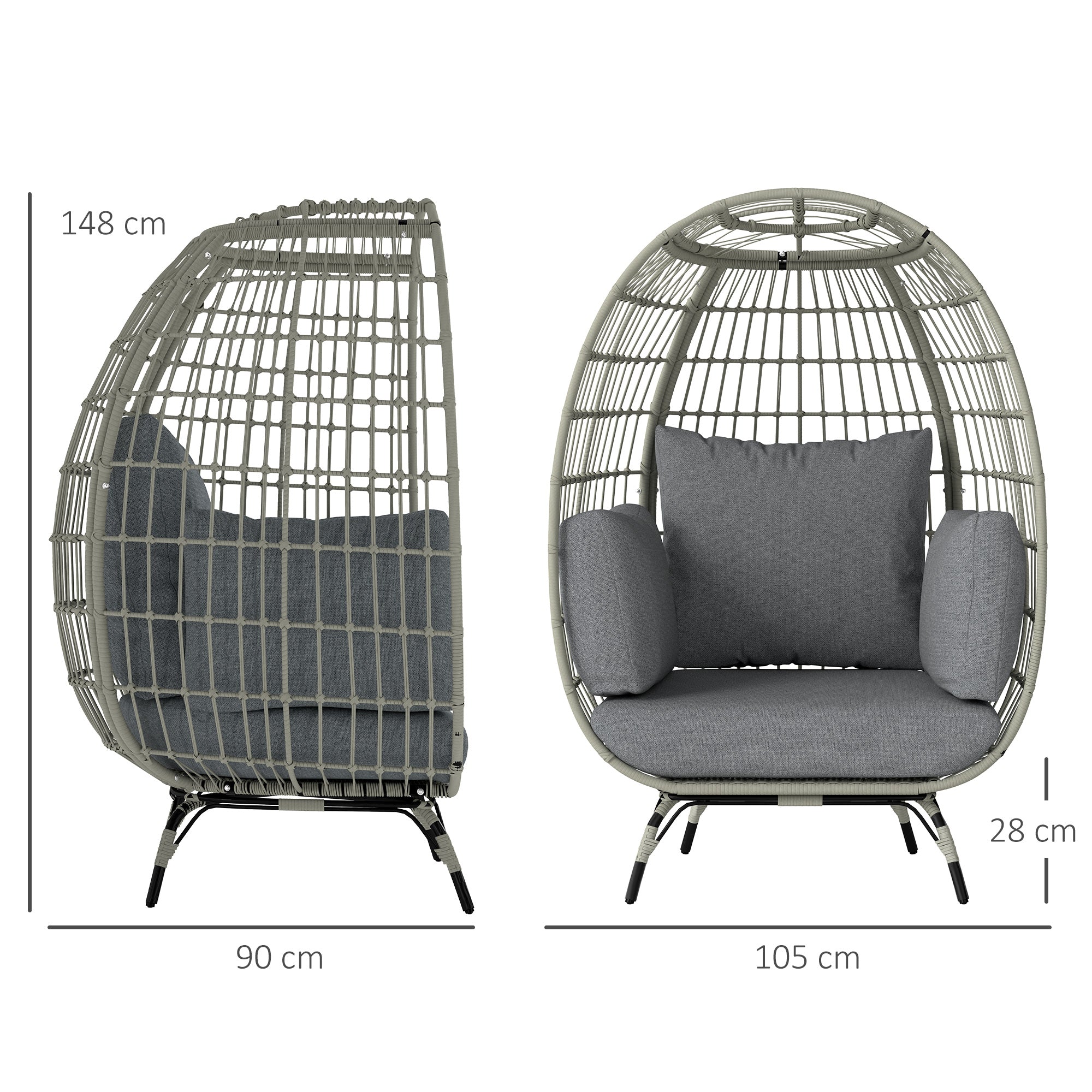 Outsunny Rattan Egg Chair with Cushions and Pillows, Charcoal Grey - North Peak Garden Furniture