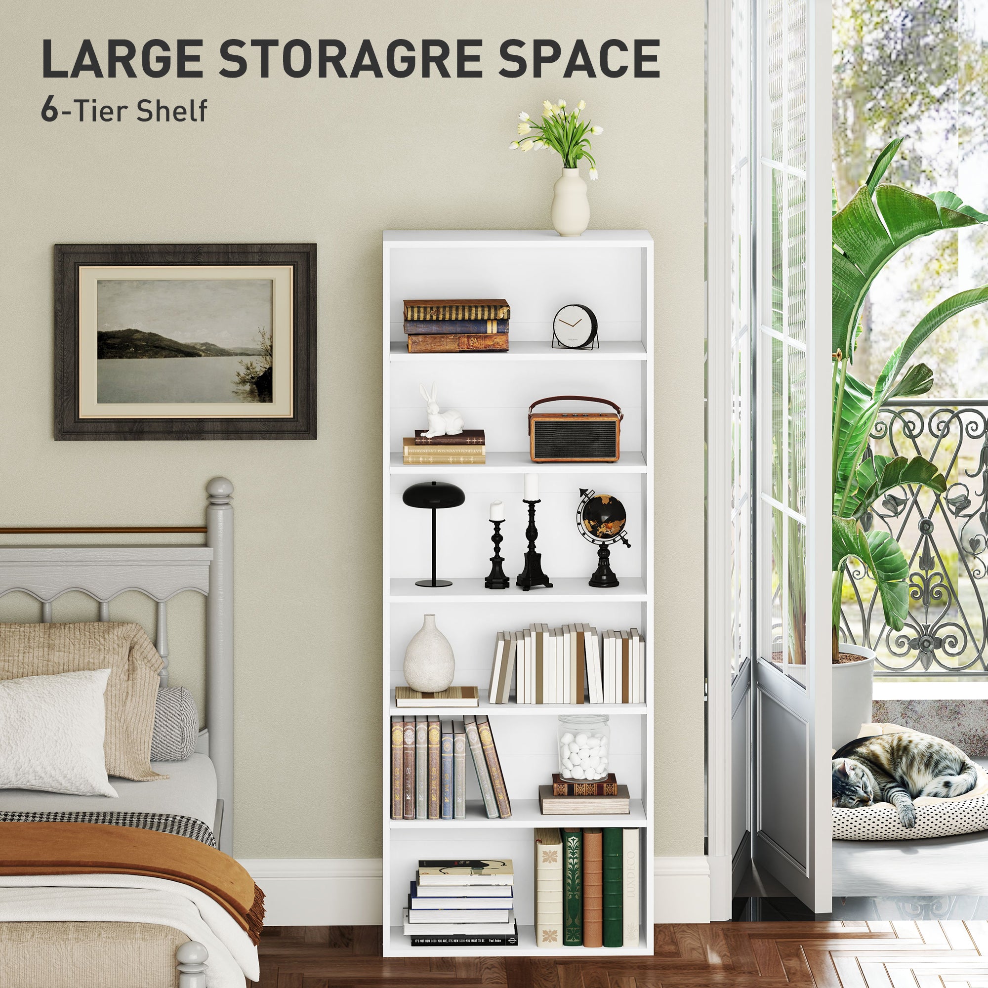HOMCOM Six Shelf Bookcase - White - North Peak Garden Furniture