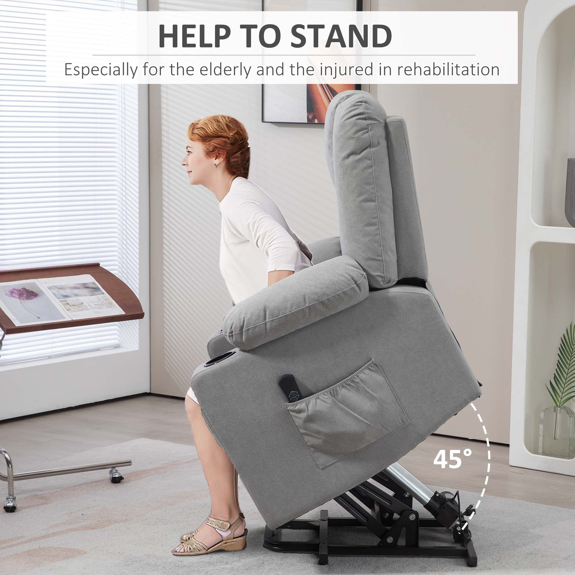 HOMCOM Oversized Riser and Recliner Chairs for the Elderly, Fabric Upholstered Lift Chair for Living Room with Remote Control, Side Pockets, Cup Holder, Light Grey - North Peak Garden Furniture