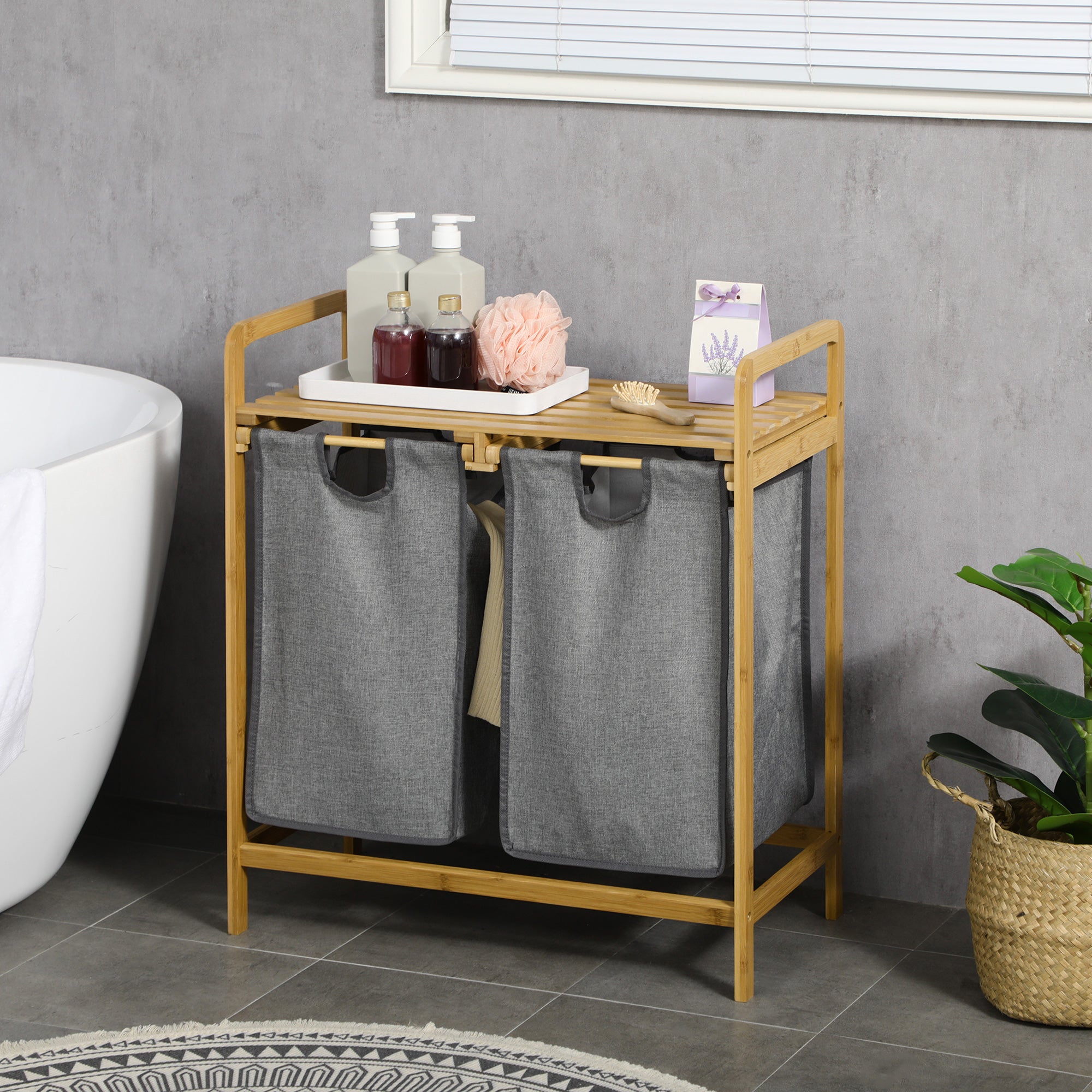 HOMCOM Bamboo Laundry Basket, Laundry Hamper with Shelf, Pull-out Bags for Bedroom, Bathroom, Laundry Room, 64 x 33 x 73 cm, Grey - North Peak Garden Furniture
