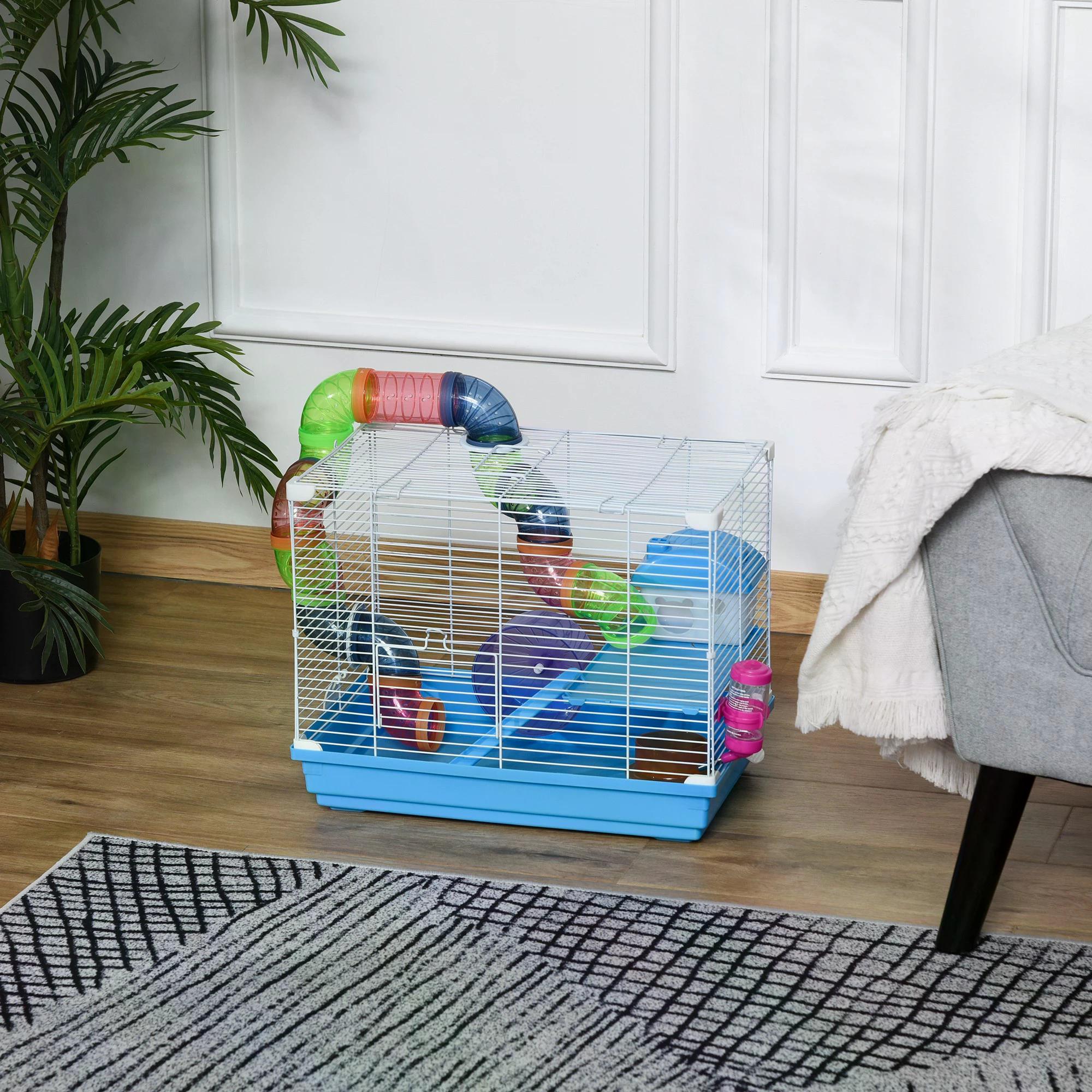 Pawhut 2 Tier Hamster Cage Carrier Habitat Small Animal House with Exercise Wheels Tunnel Tube Water Bottle Dishes House Ladder for Dwarf Mice, Blue