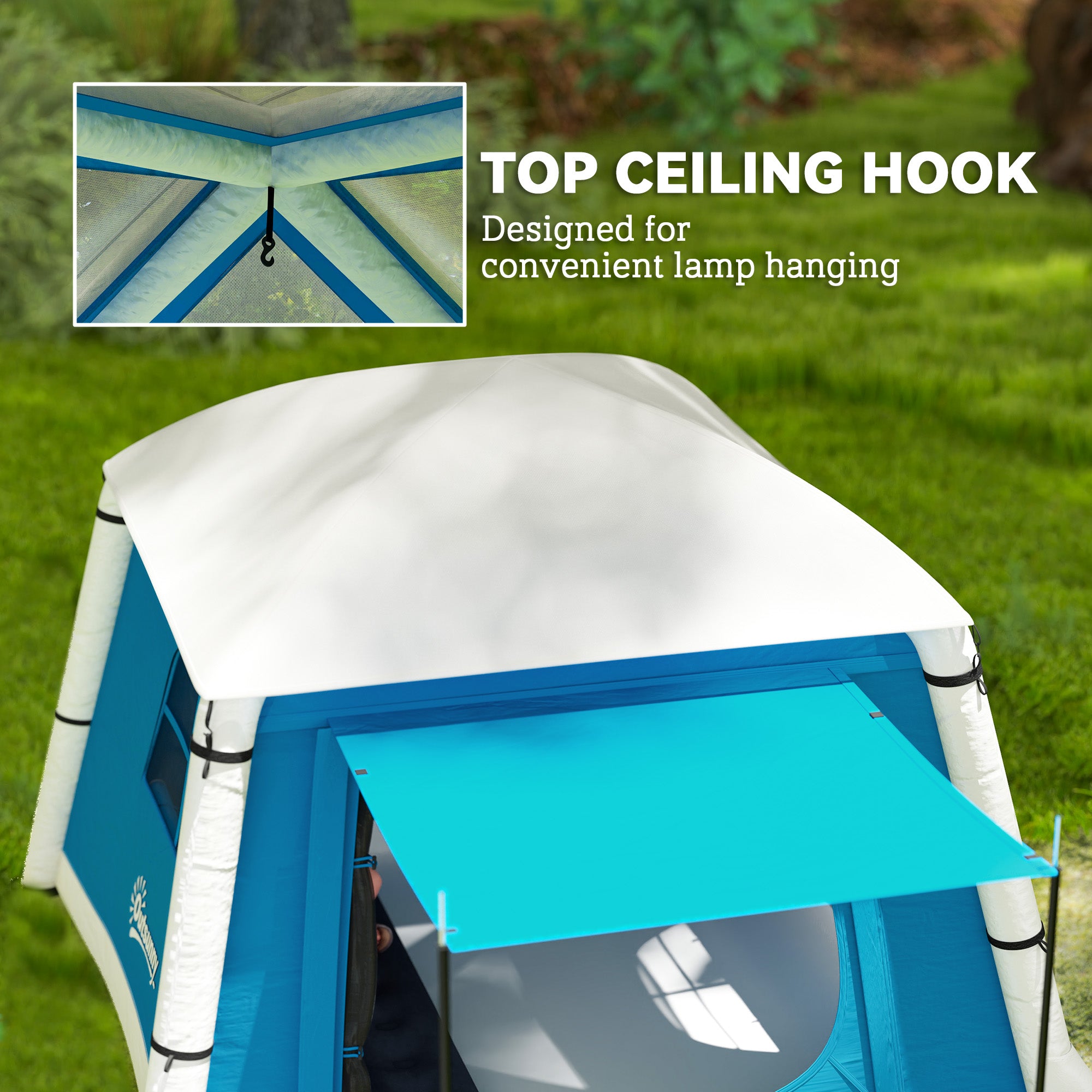 Outsunny Inflatable Camping Tent w/ Hand Pump, Easy Setup 1/2 Person Blow Up Tent Waterproof 190T Taffeta w/ Mesh Windows, Doors and Carry Bag, Light Blue - North Peak Garden Furniture