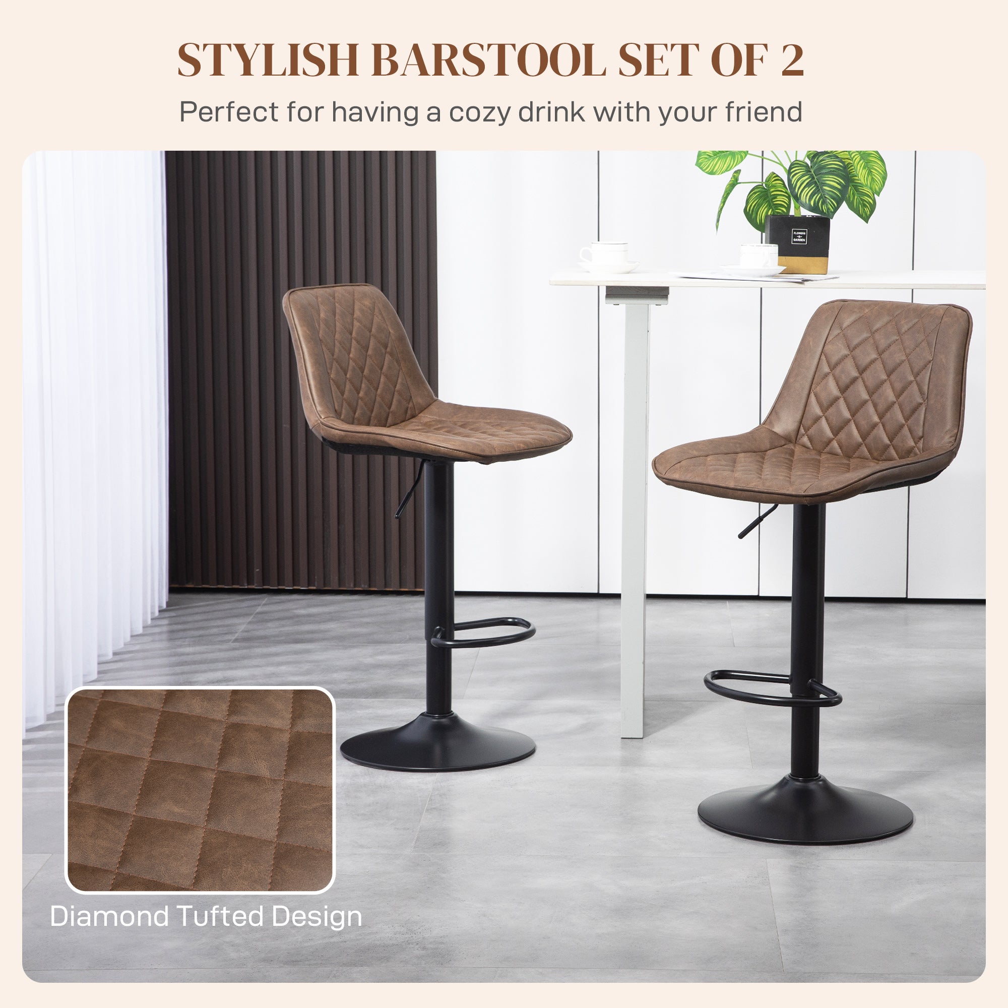 HOMCOM Bar Stools Set of 2, Retro Adjustable Kitchen Stool, Swivel PU Leather Upholstered Bar Chairs with Back, Footrest and Steel Base, Brown - North Peak Garden Furniture