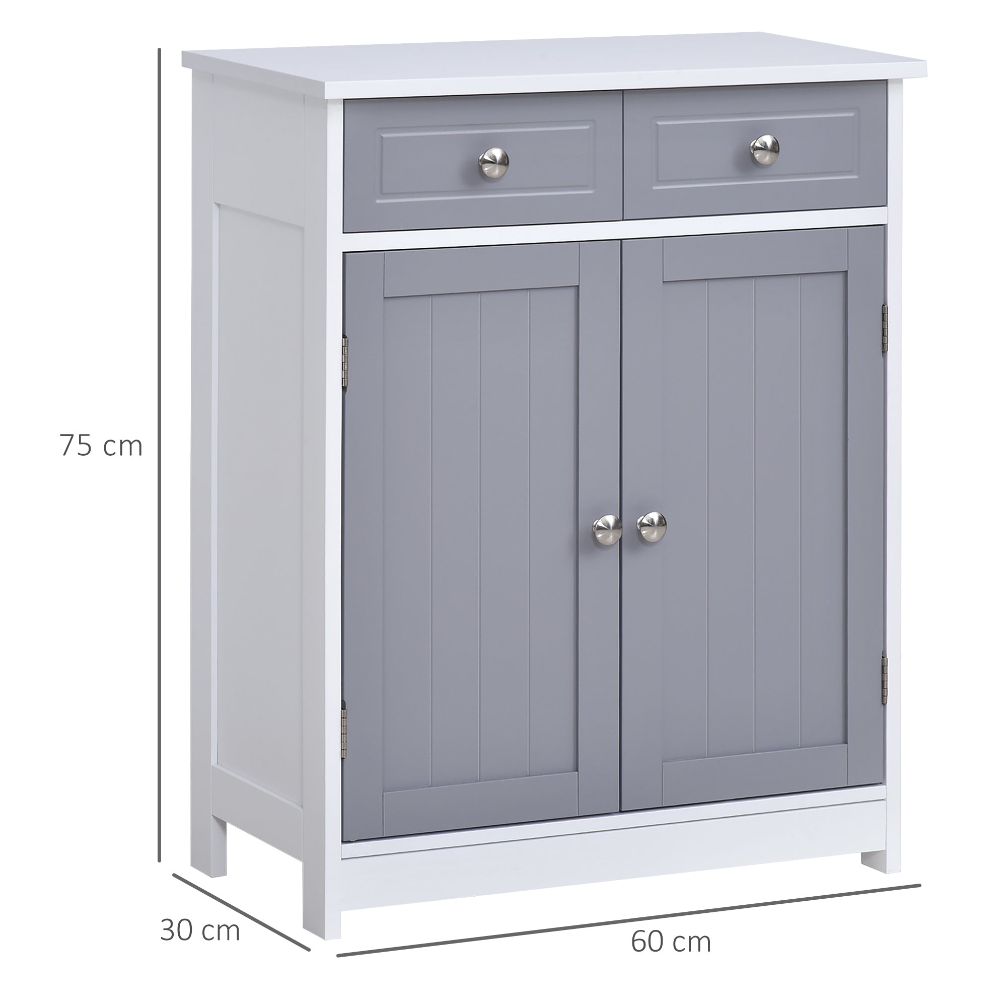 kleankin 75x60cm Freestanding Bathroom Storage Cabinet Unit w/ 2 Drawers Cupboard Adjustable Shelf Metal Handles Traditional Style Grey White - North Peak Garden Furniture