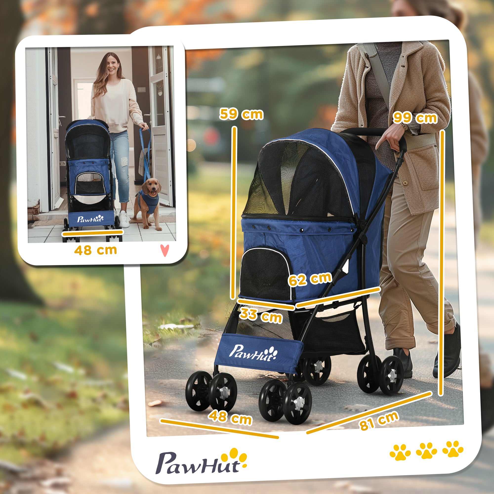 PawHut Foldable Pet Stroller for Dogs, Puppy Stroller, with Large Carriage, Brakes, Canopy - Blue - North Peak Garden Furniture