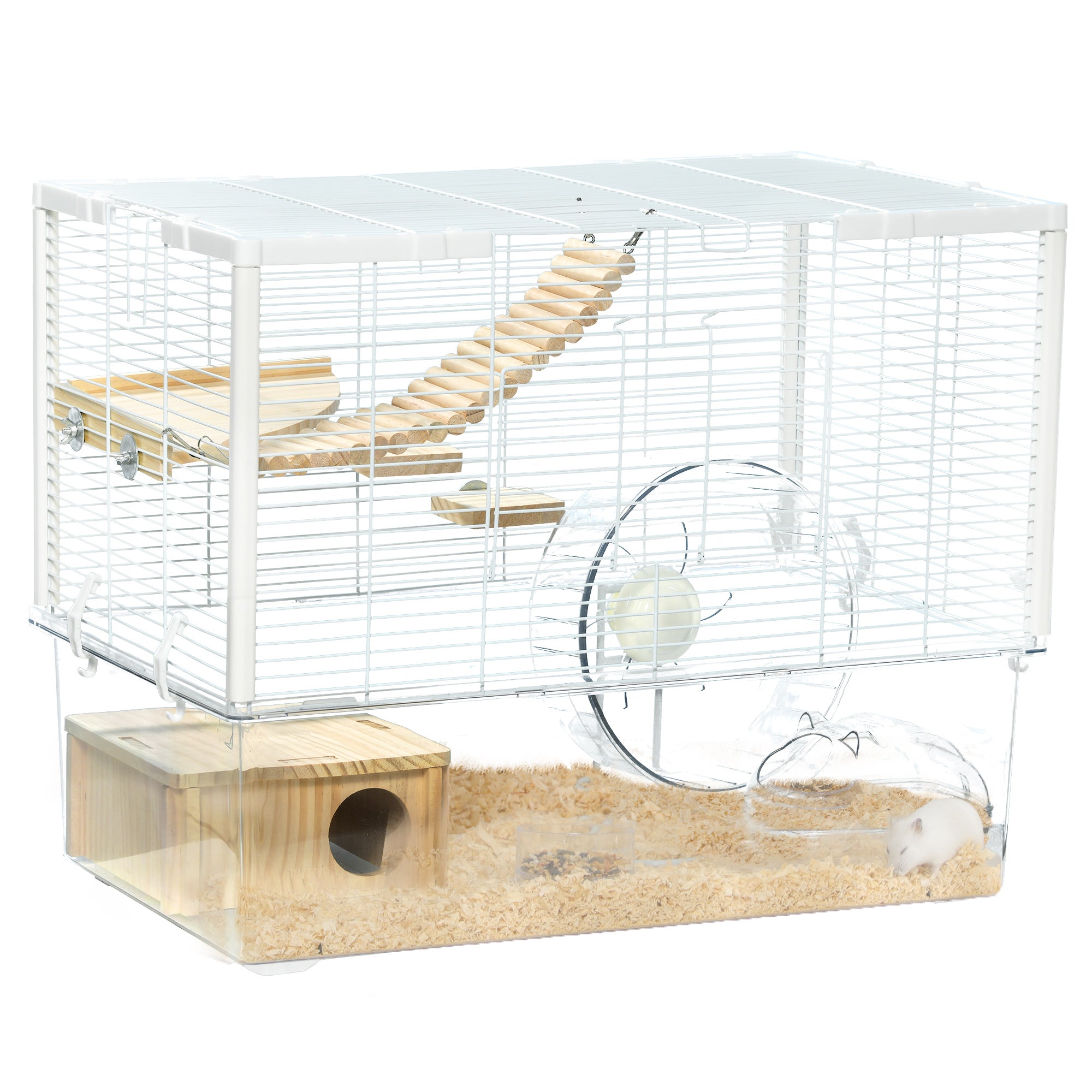 PawHut Hamster Cage, Gerbilarium Cage, Wooden Ramp, Exercise Wheel, Food Bowl, Natural Tone and White |