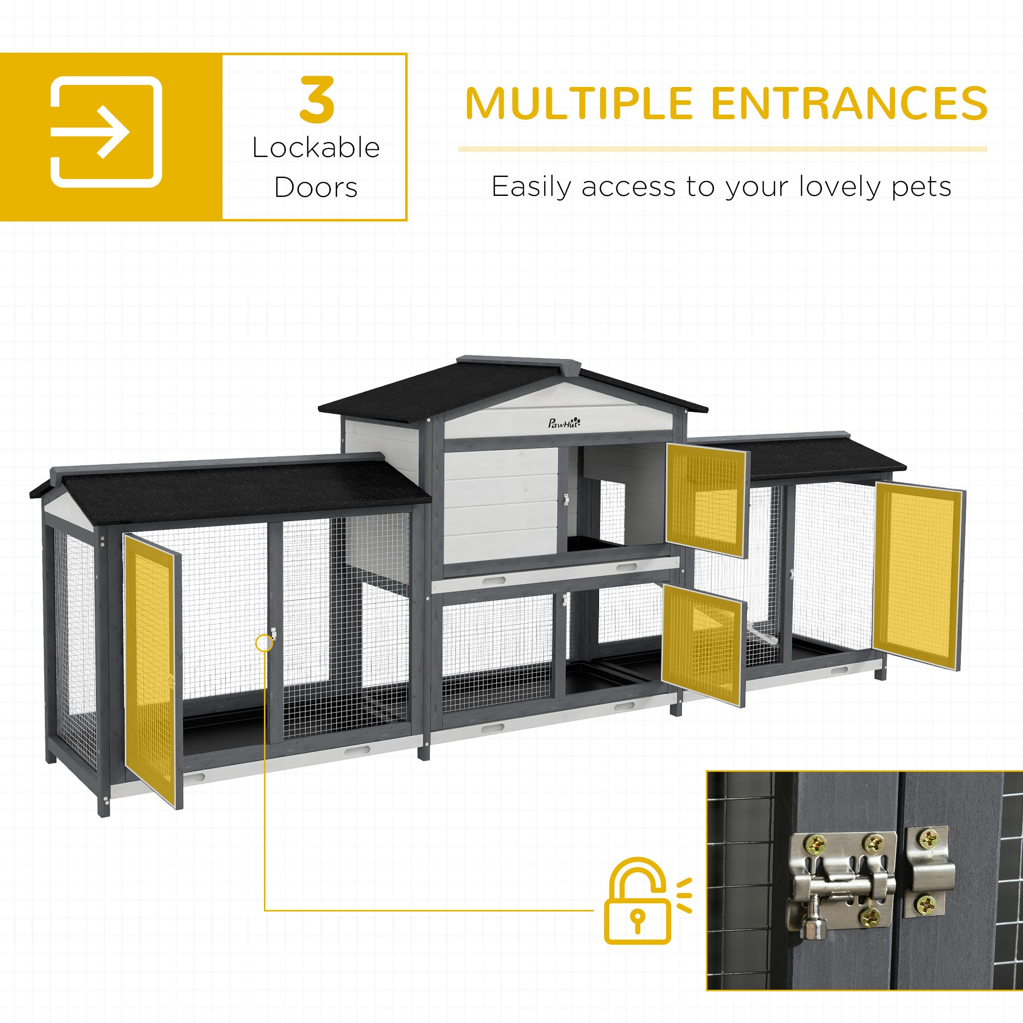 PawHut 2-Tier Large Rabbit Hutch Outdoor with Double Side Run Boxes, No-leak Plastic Tray, Ramp, 230 x 53 x 93.5cm, Light Grey - North Peak Garden Furniture
