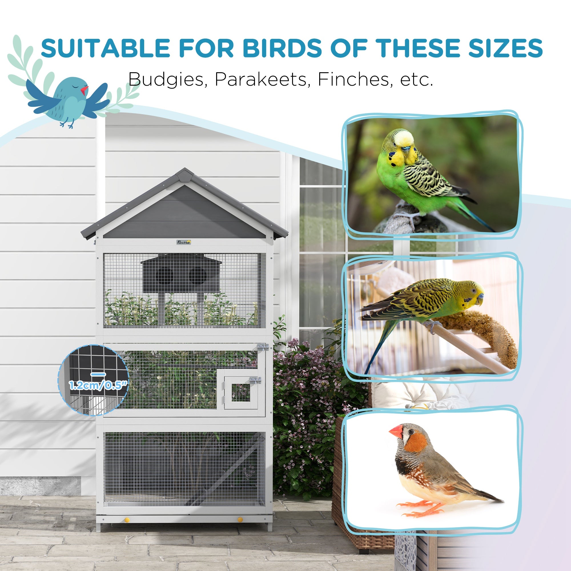 PawHut Wooden Bird Cage, with Stand, for Finches, Parakeets, Small birds - Grey - North Peak Garden Furniture