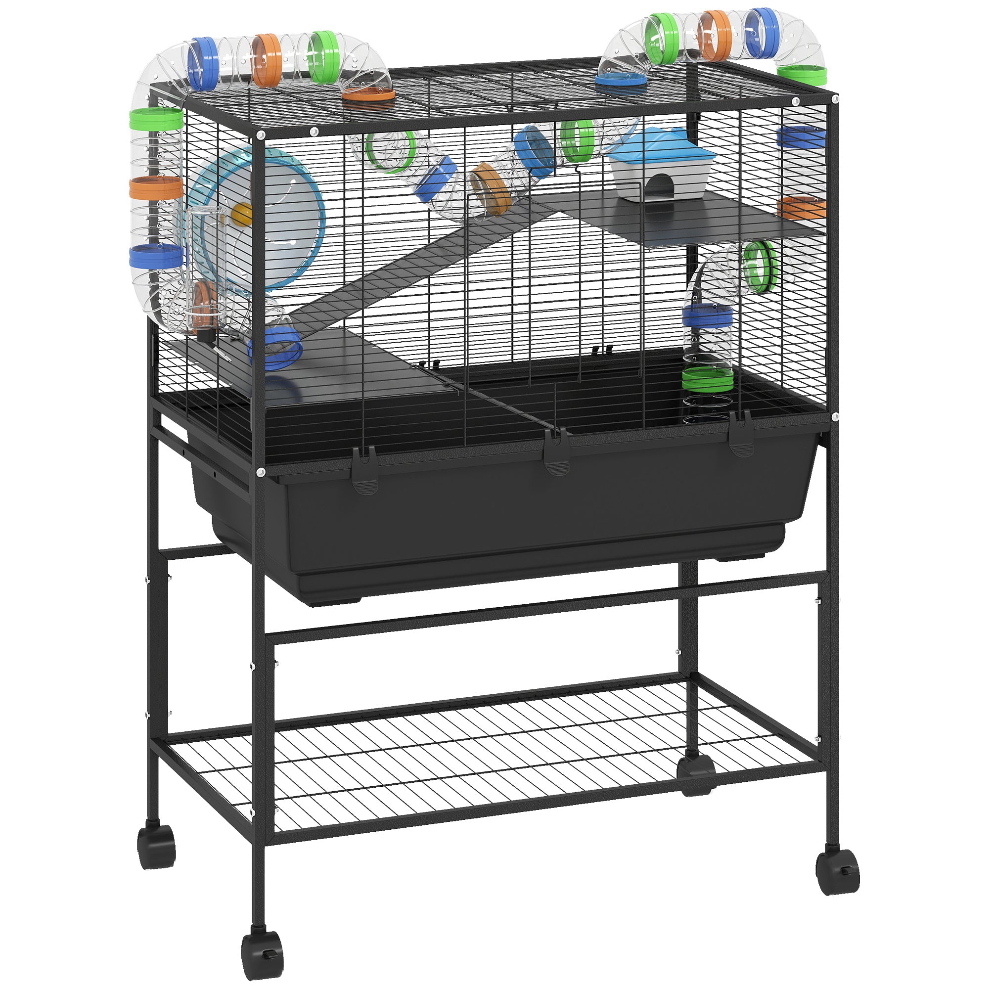 PawHut 3 Tier Large Hamster Cage on Wheels with 17 cm Deep Tray, Storage Shelf for Syrian, Gerbil, Rats - North Peak Garden Furniture