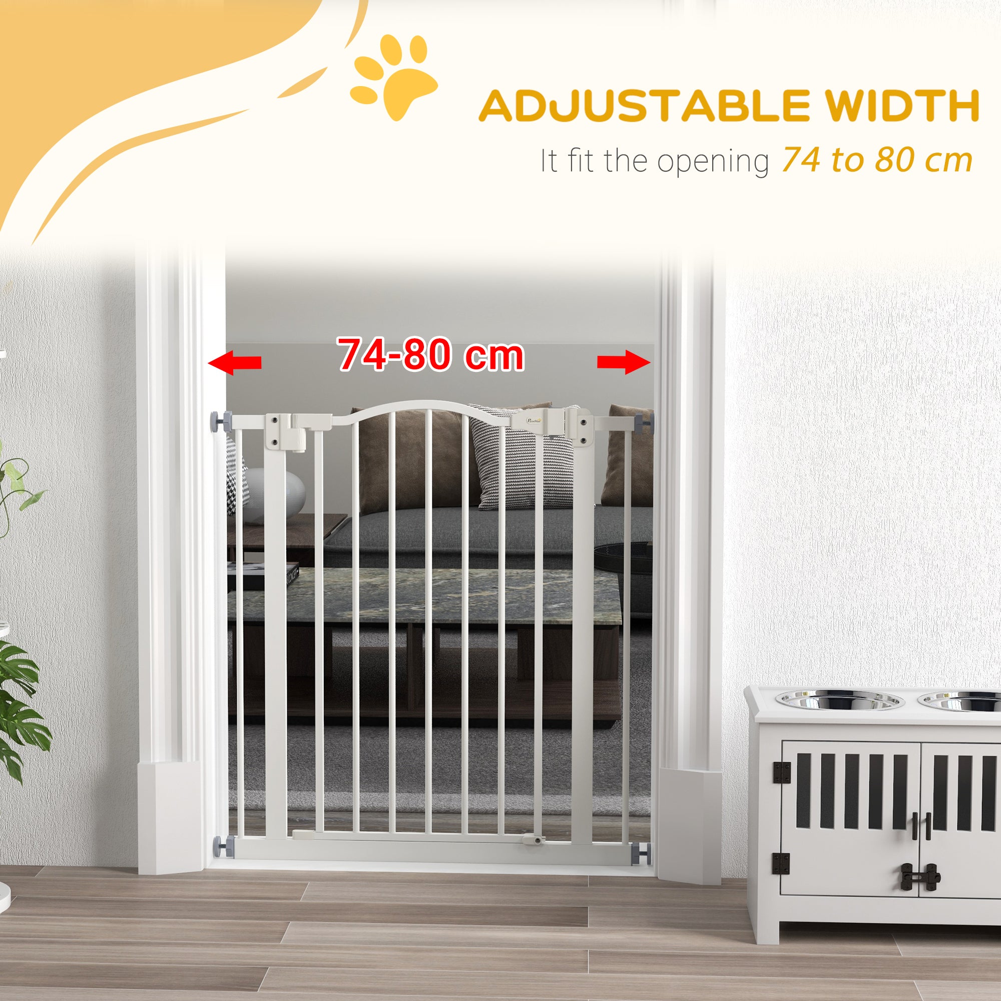 PawHut Metal 74-80cm Adjustable Pet Gate Safety Barrier w/ Auto-Close Door White