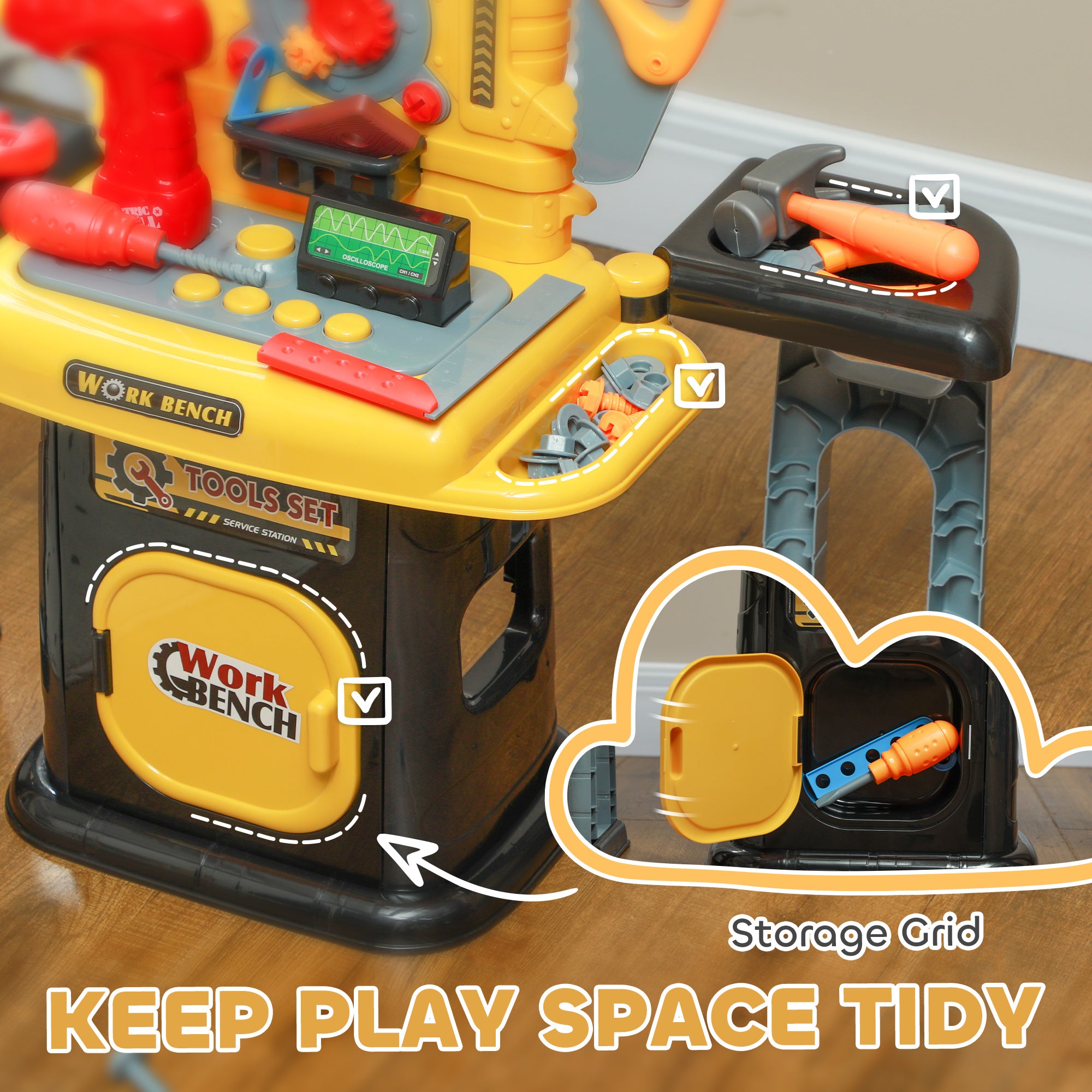 AIYAPLAY 102-Piece Kids Tool Bench with Electric Drill, Storage for Ages 3-6 Years, Yellow - North Peak Garden Furniture