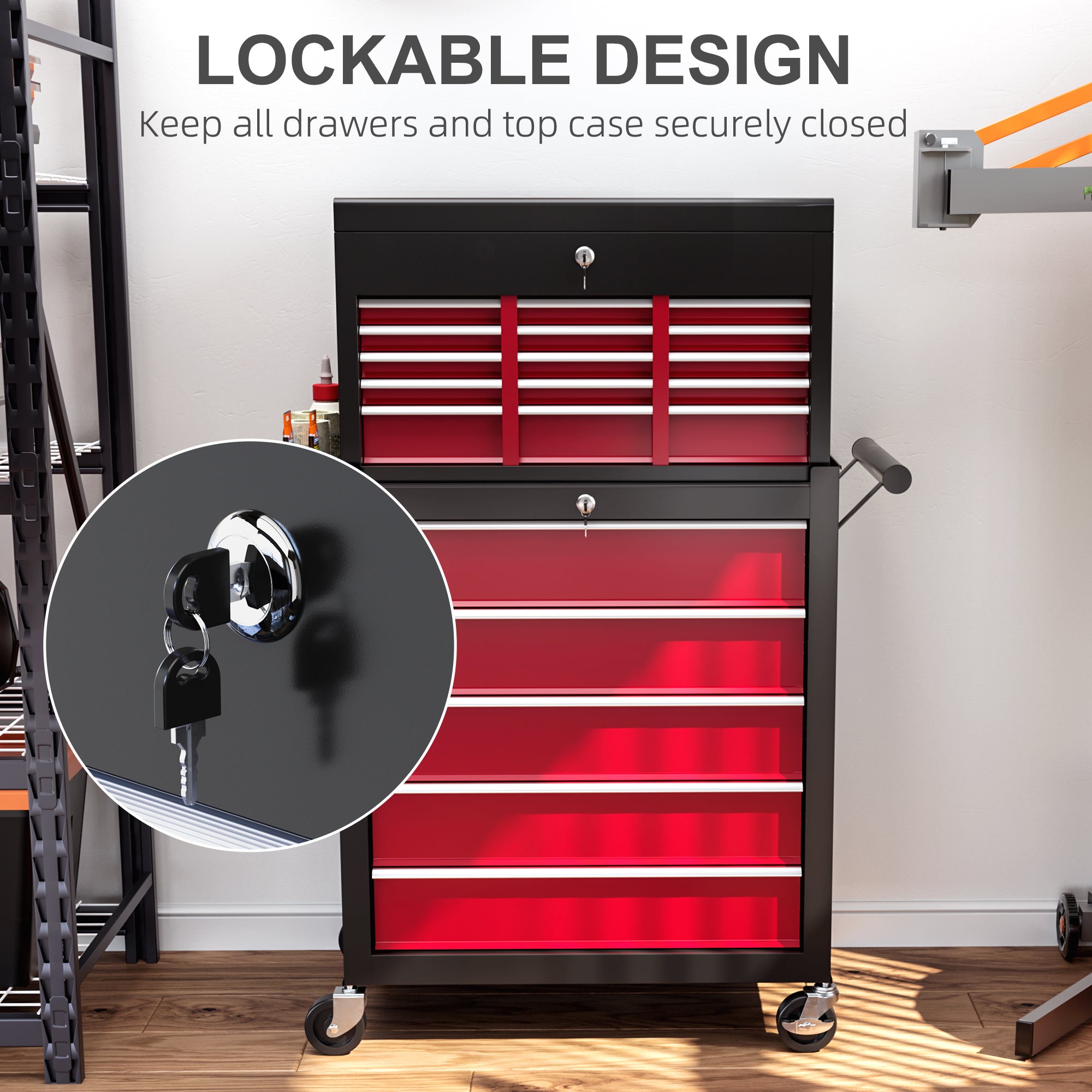 HOMCOM 19 Drawer, Two-Part Tool Storage Chest on Wheels - Red - North Peak Garden Furniture
