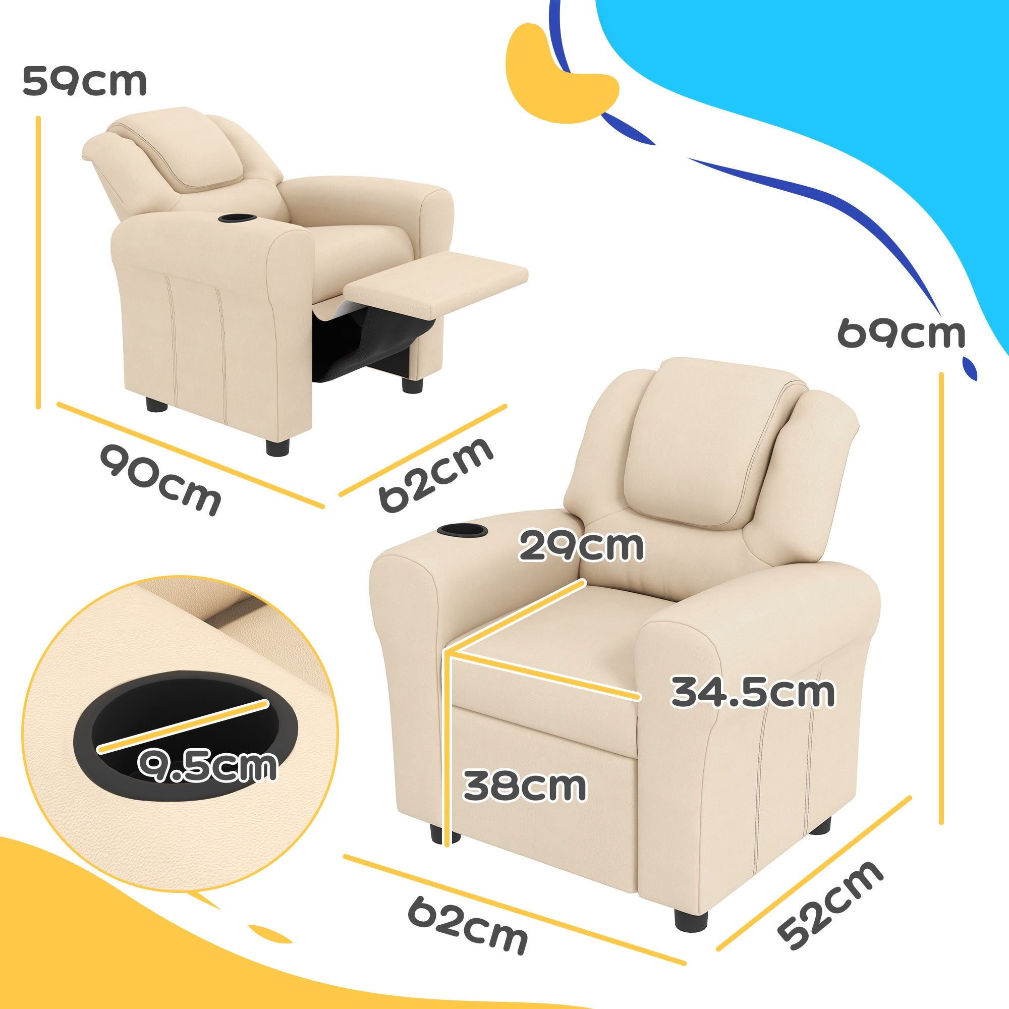 HOMCOM Kids Recliner Chair, PU Leather with Adjustable Backrest, Footrest, Padded Headrest, Beige - North Peak Garden Furniture