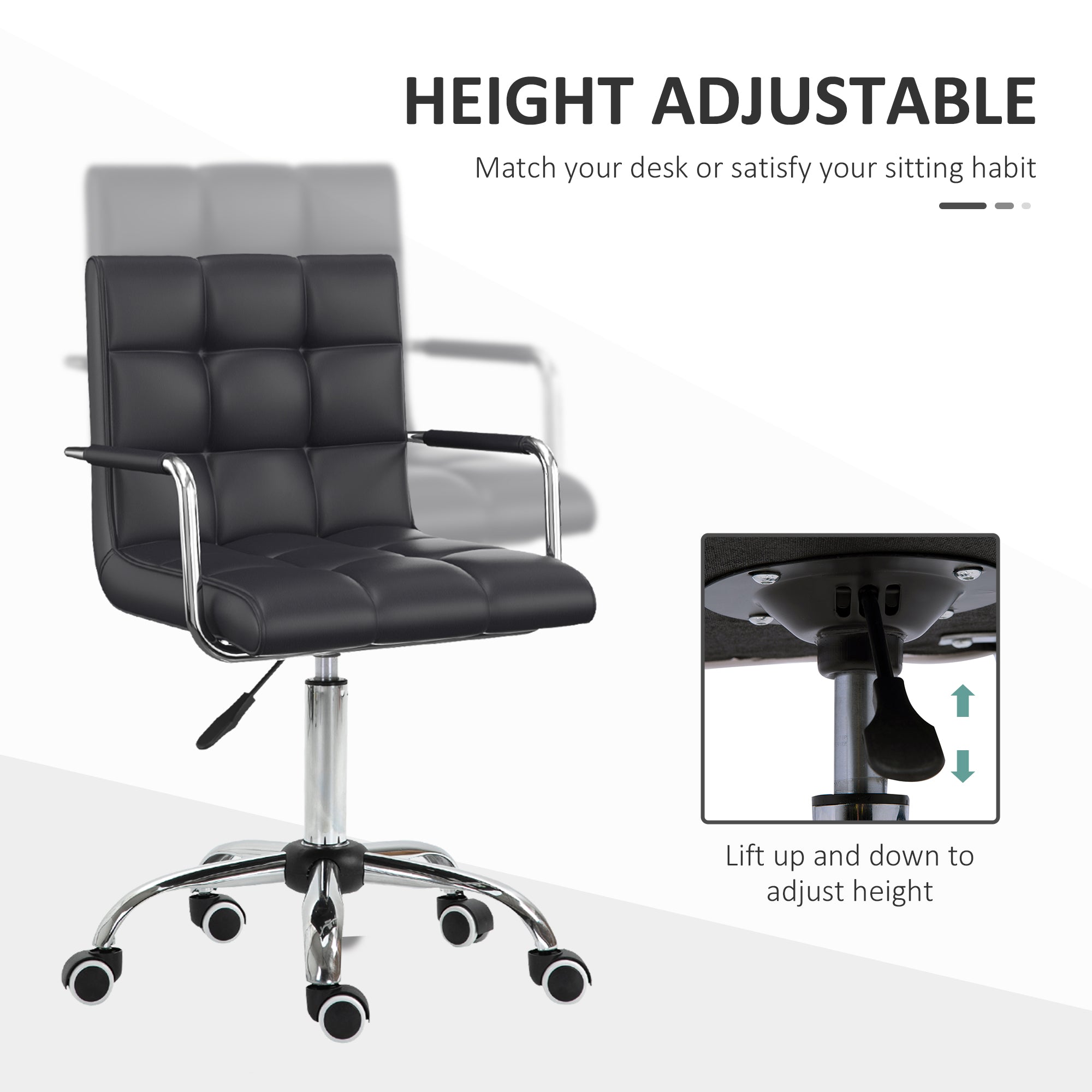 Vinsetto Office Chair, Makeup Vanity Chair, Mid Back Computer Chair, PU Leather Swivel Study Chair with Adjustable Height, Armrest and Rolling Wheels, Black - North Peak Garden Furniture
