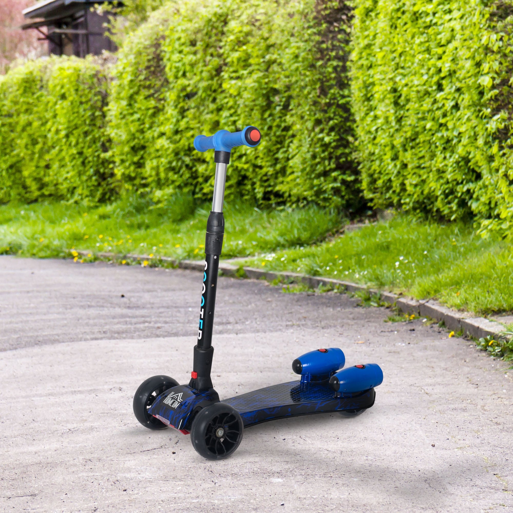 HOMCOM Scooter for Kids Toddler 3 Wheel Adjustable Height w/ Flashing Wheels Music Water Spray Foldable Kick Scooter for Boys and Girls 3 - 6 Yrs Blue - North Peak Garden Furniture