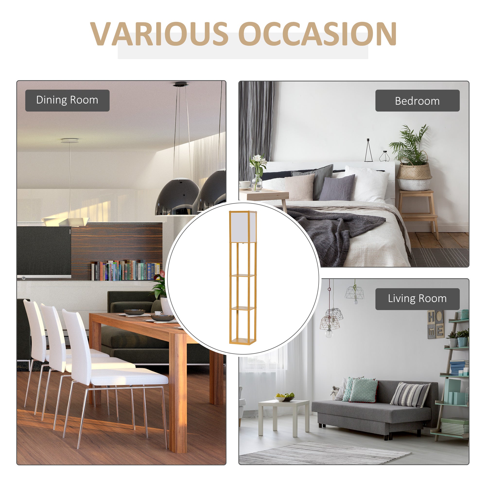 HOMCOM 3-Tier Floor Lamp, Floor Light with Storage Shelf, Reading Standing Lamp for Living Room, Bedroom, Kitchen, Dining Room, Office, Dorm, 160cm, Natural - North Peak Garden Furniture