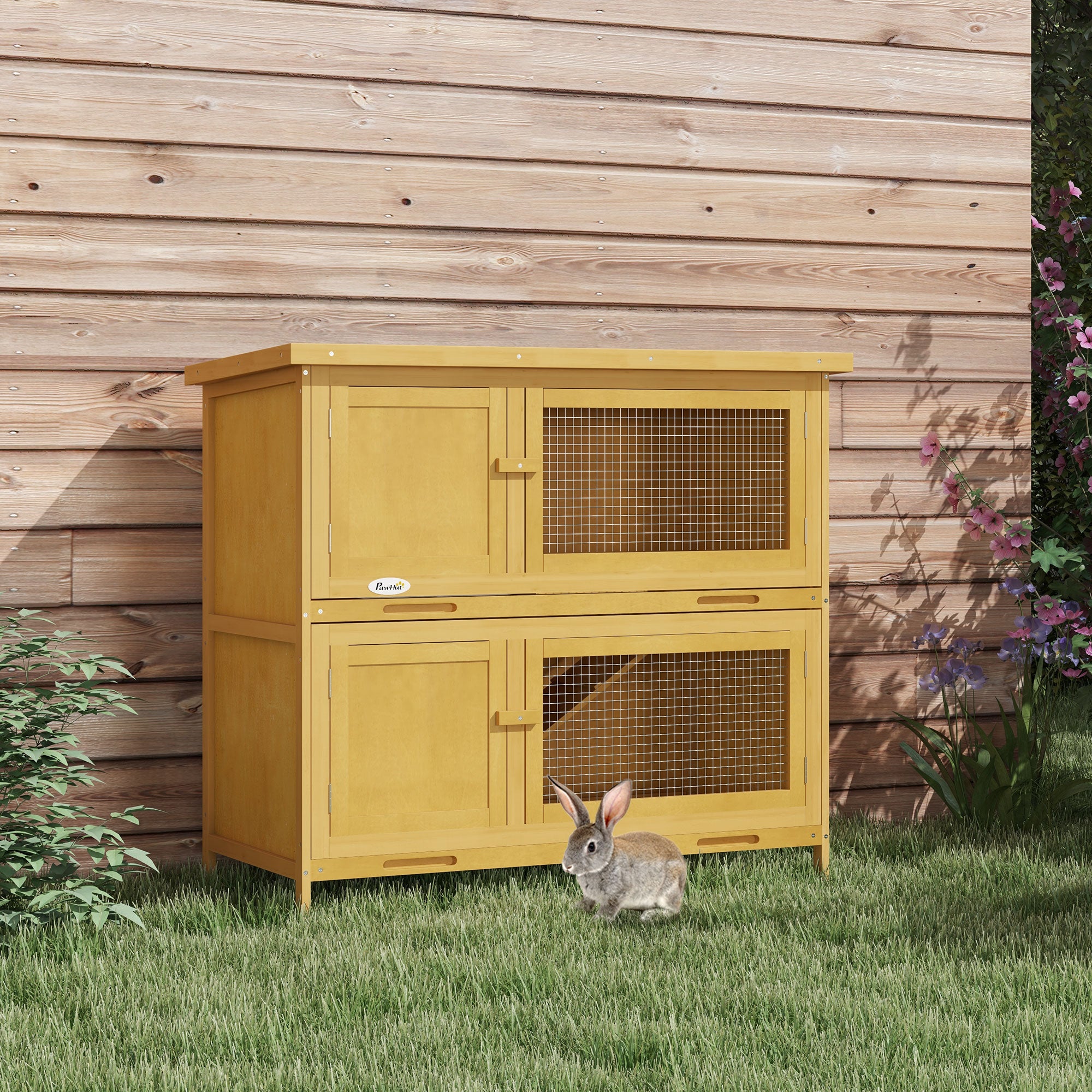 PawHut Double Decker Rabbit Hutch 2 Tier Guinea Pig House Pet Cage Outdoor with Sliding-out Tray, 100 x 47 x 91cm, Yellow - North Peak Garden Furniture