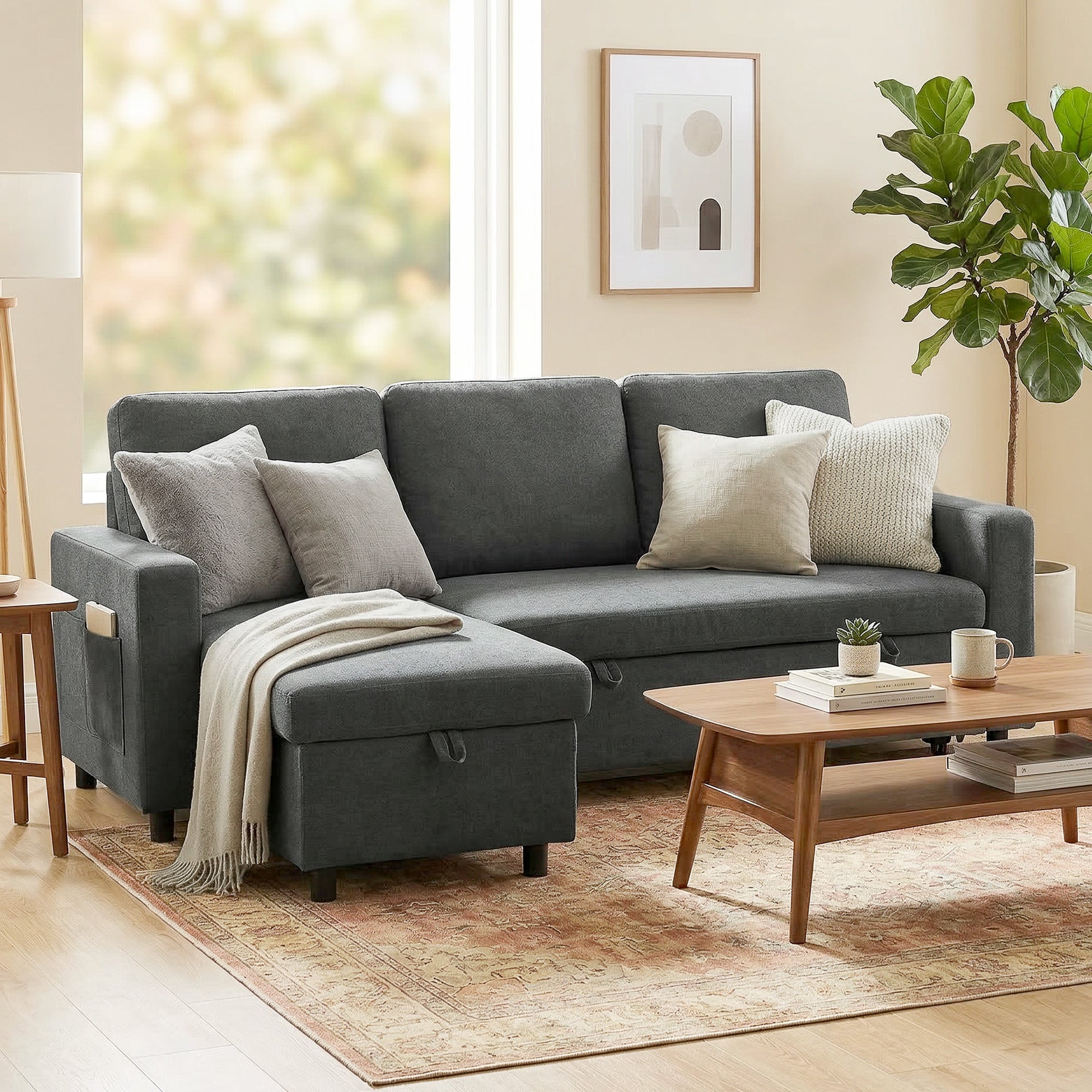 HOMCOM L Sofa Bed, with Storage - Charcoal Grey
