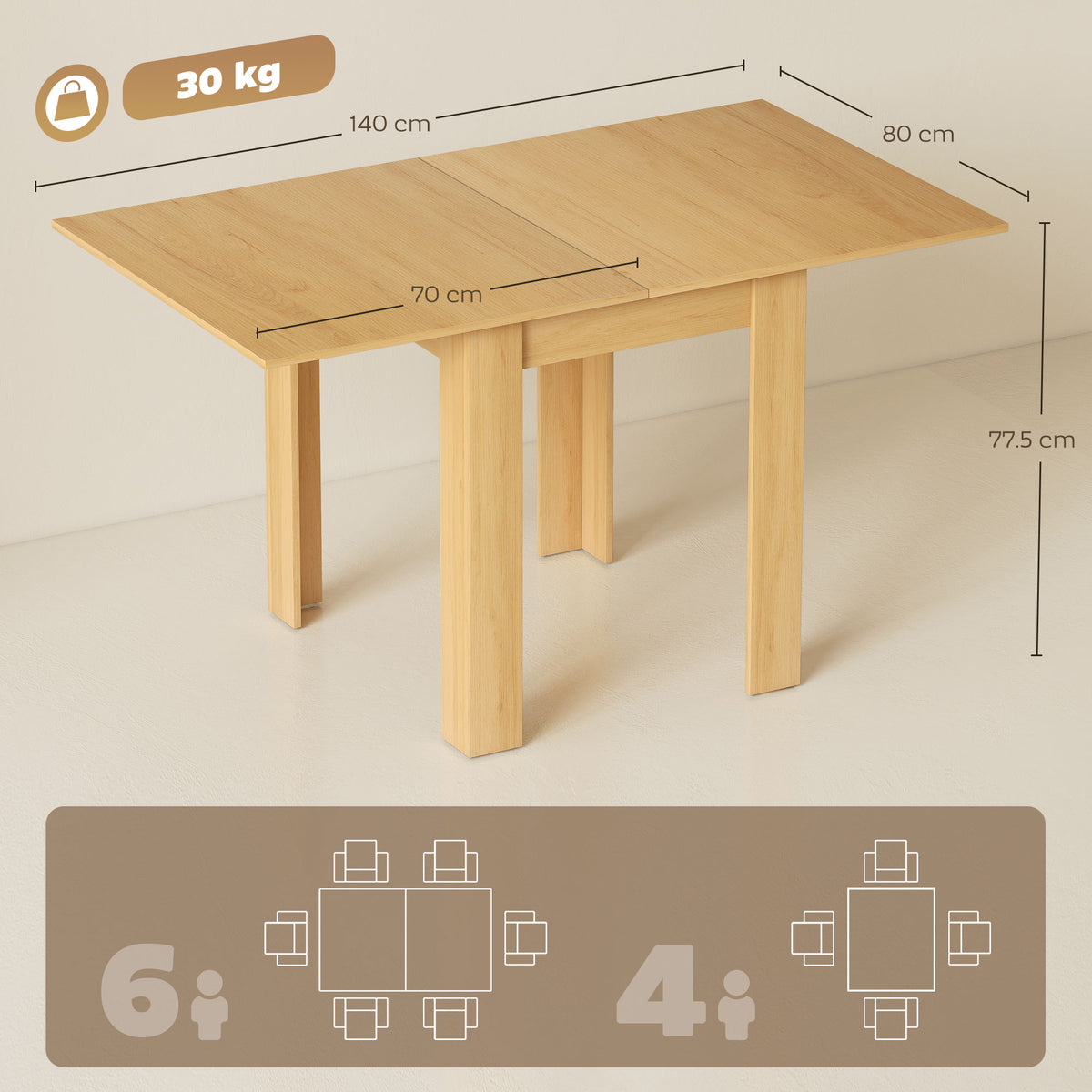 HOMCOM Folding Dining Table for 4-6, Rectangular Extendable Drop Leaf Table for Small Spaces, 140 x 80 x 77.5 cm, Natural