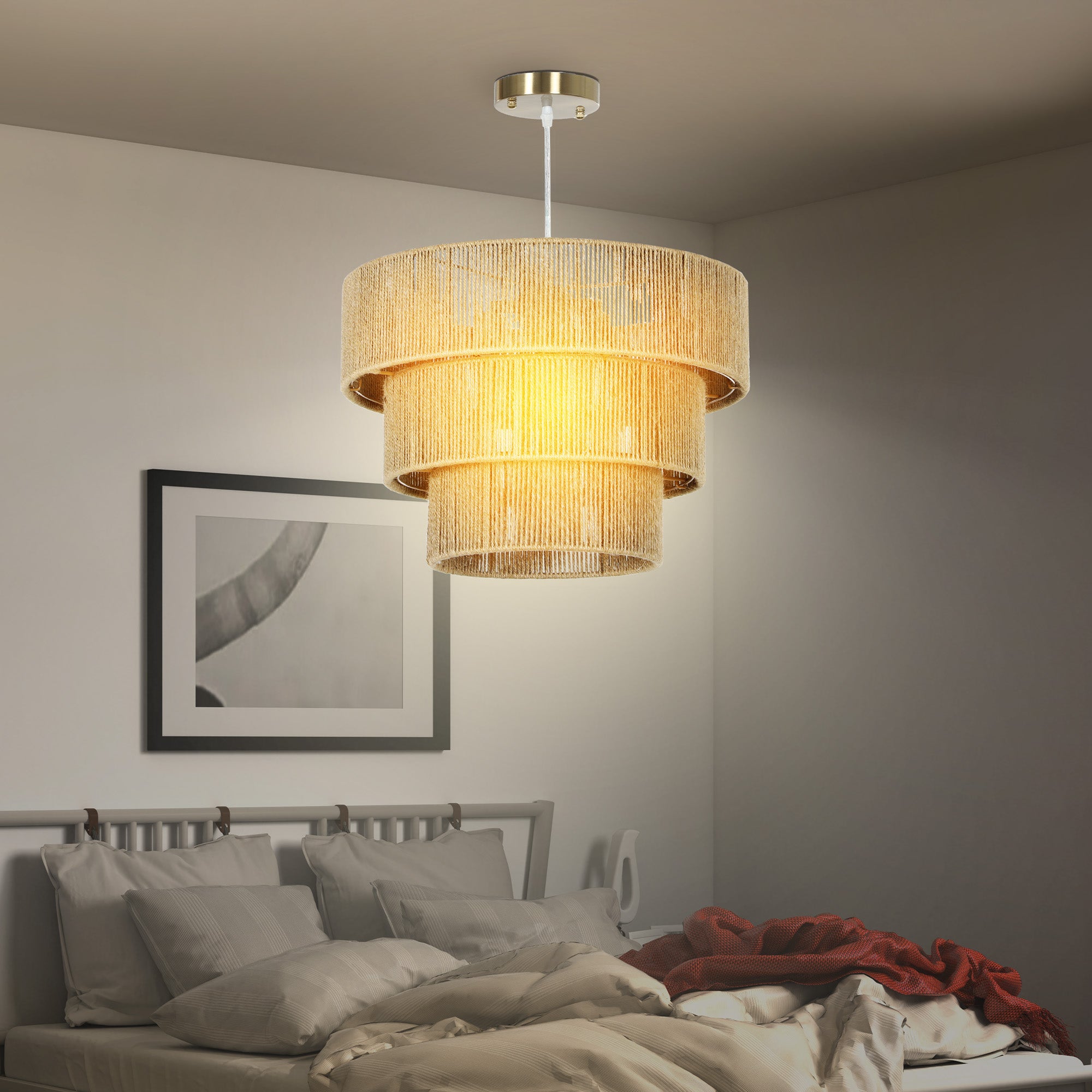 HOMCOM Hemp Rope Ceiling Light, 3-Layer Boho Pendant Light, E14 Vintage Ceiling Lamp Fixtures for Living Room, Bedroom, Kitchen, Hallway, Light Brown - North Peak Garden Furniture