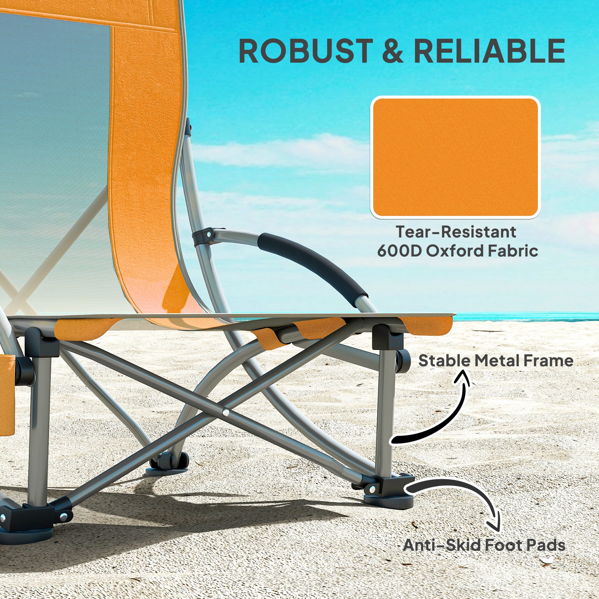 Outsunny Set of 2 Folding Beach Chair, Low Camping Chair with Mesh Back, Carry Bag and Cup Holder for Garden Outdoor Picnic Festival Travel, Orange - North Peak Garden Furniture