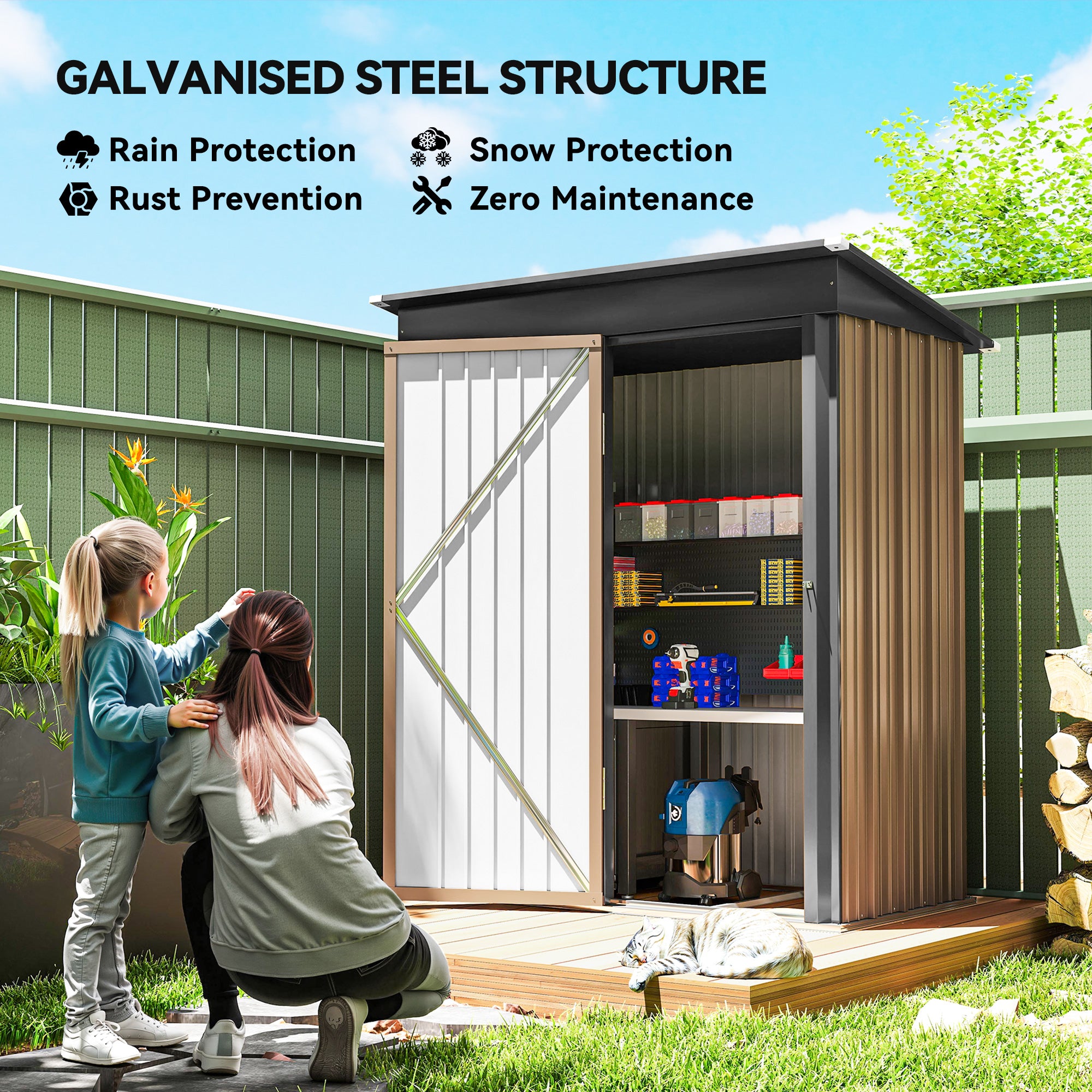 Outsunny Metal Garden Shed, Outdoor Lean-to Shed for Tool Motor Bike, with Adjustable Shelf, Lock, Gloves, 5'x3'x6', Brown