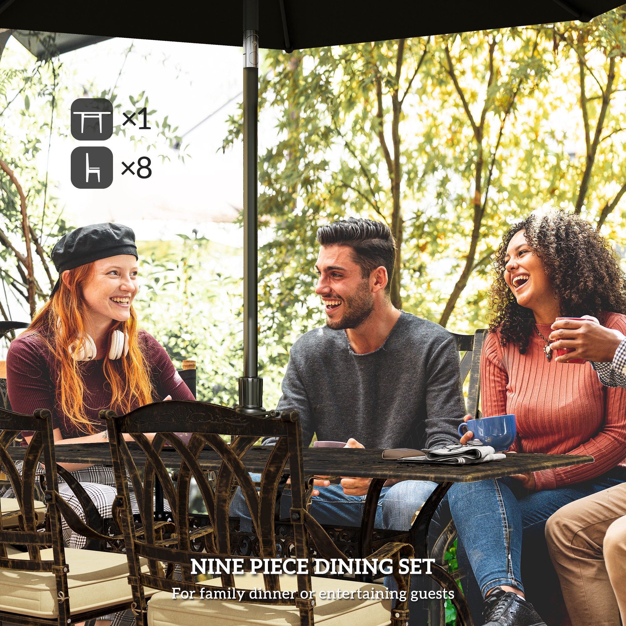 Outsunny Nine-Piece Cast Aluminium Garden Dining Set - Bronze Tone - North Peak Garden Furniture