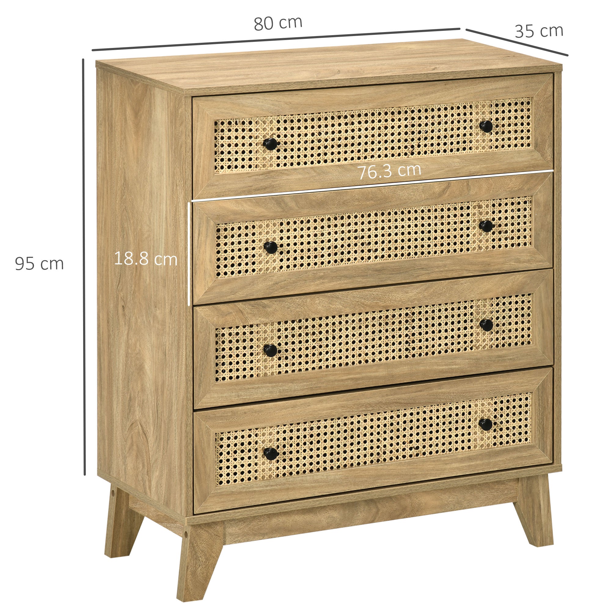 HOMCOM Storage Cabinet, 4-Drawer Unit with Rattan Element for Bedroom, Living Room, 80cmx35cmx95cm, Wood Effect - North Peak Garden Furniture