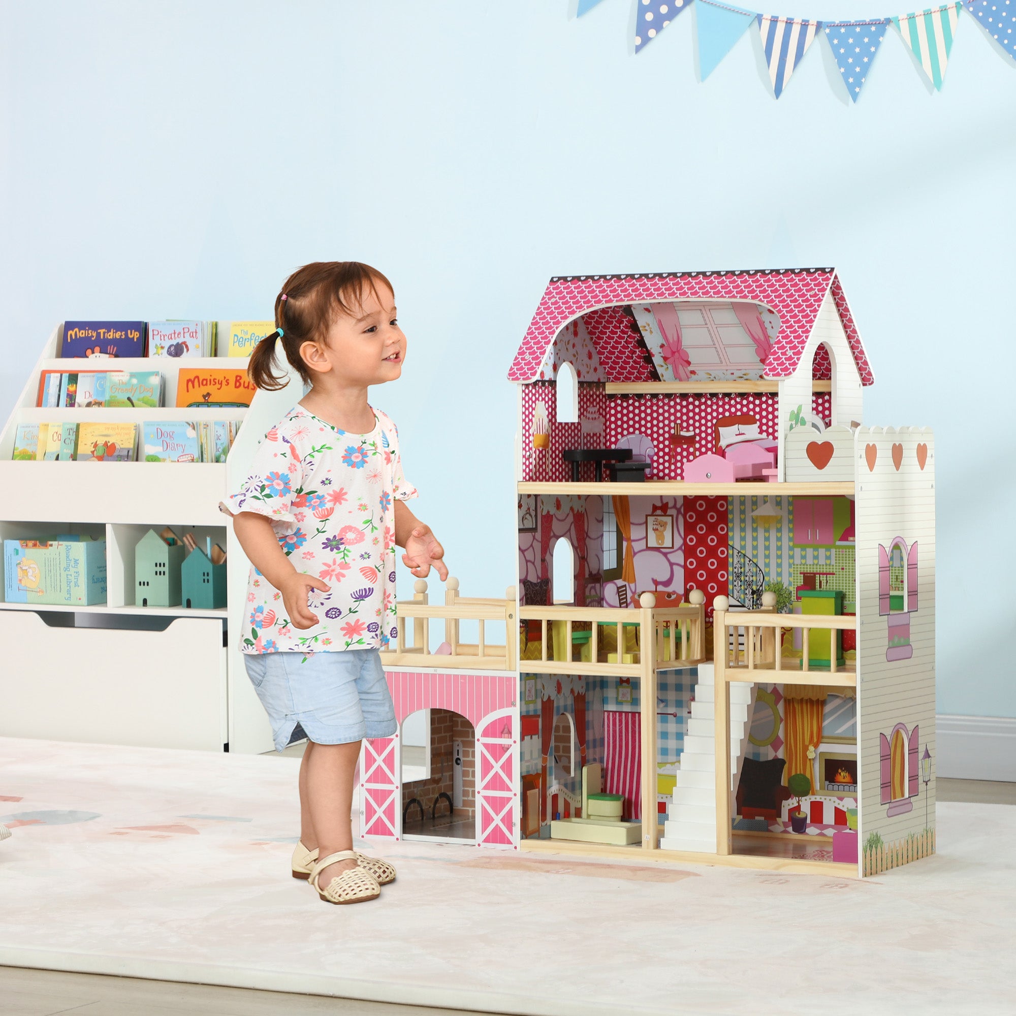 AIYAPLAY 3 Storey Dolls House Play Set with 13 Pieces Wooden Furniture and Accessories for 3-6 Years - North Peak Garden Furniture