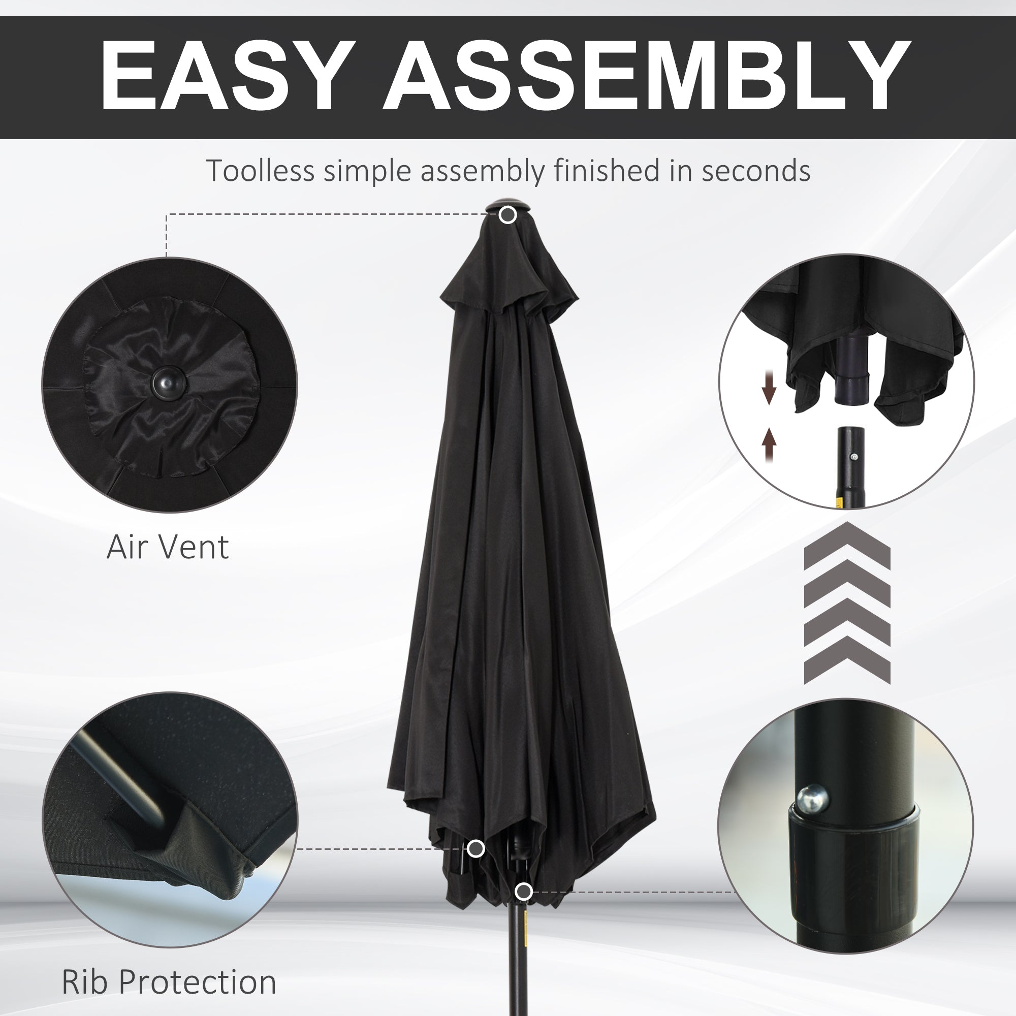 Outsunny 2.7M Garden Parasol Umbrella with Tilt and Crank, Outdoor Sun Parasol Sunshade Shelter with Aluminium Frame, Black - North Peak Garden Furniture