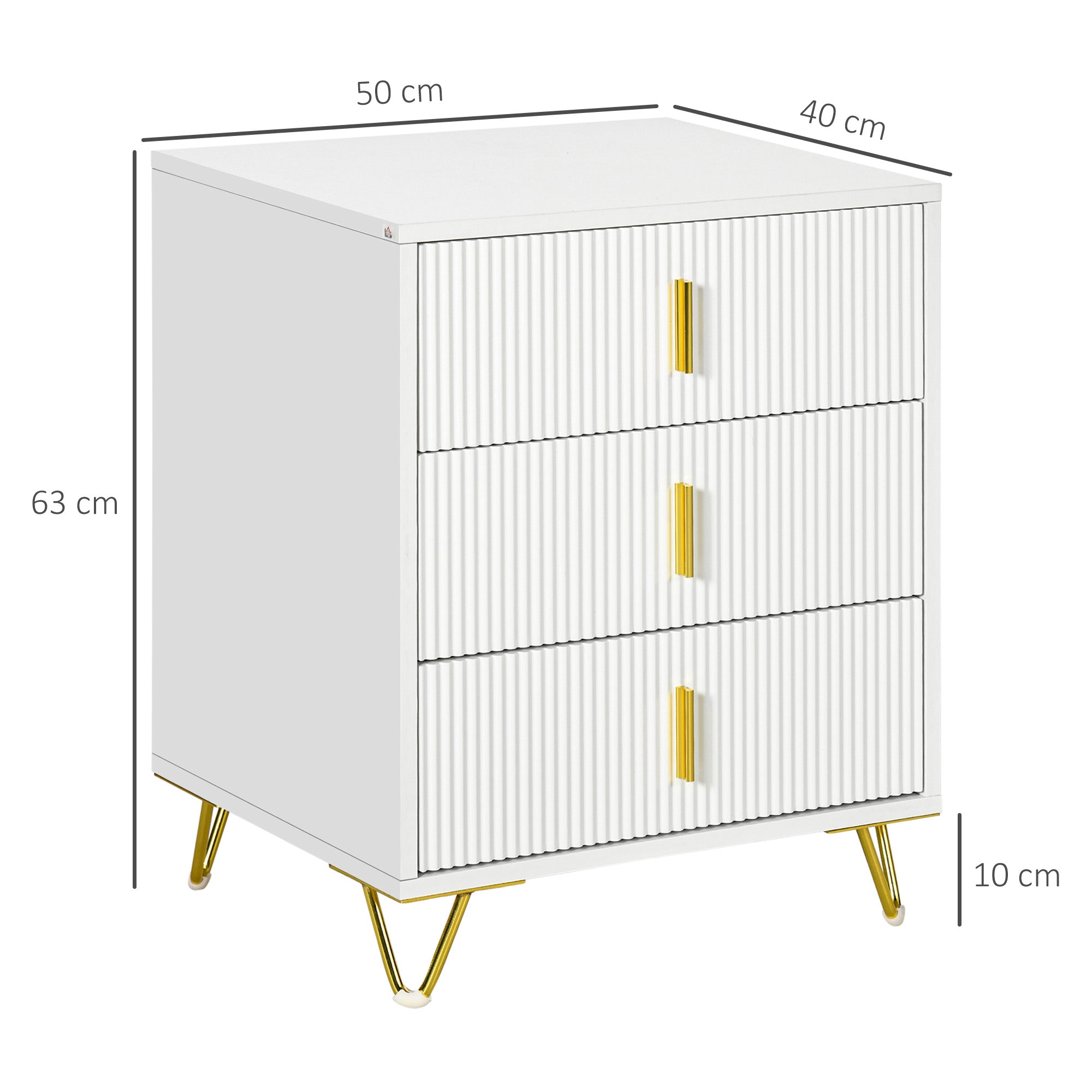 HOMCOM Elegant Chest of Three Drawers - White/Gold-Tone - North Peak Garden Furniture