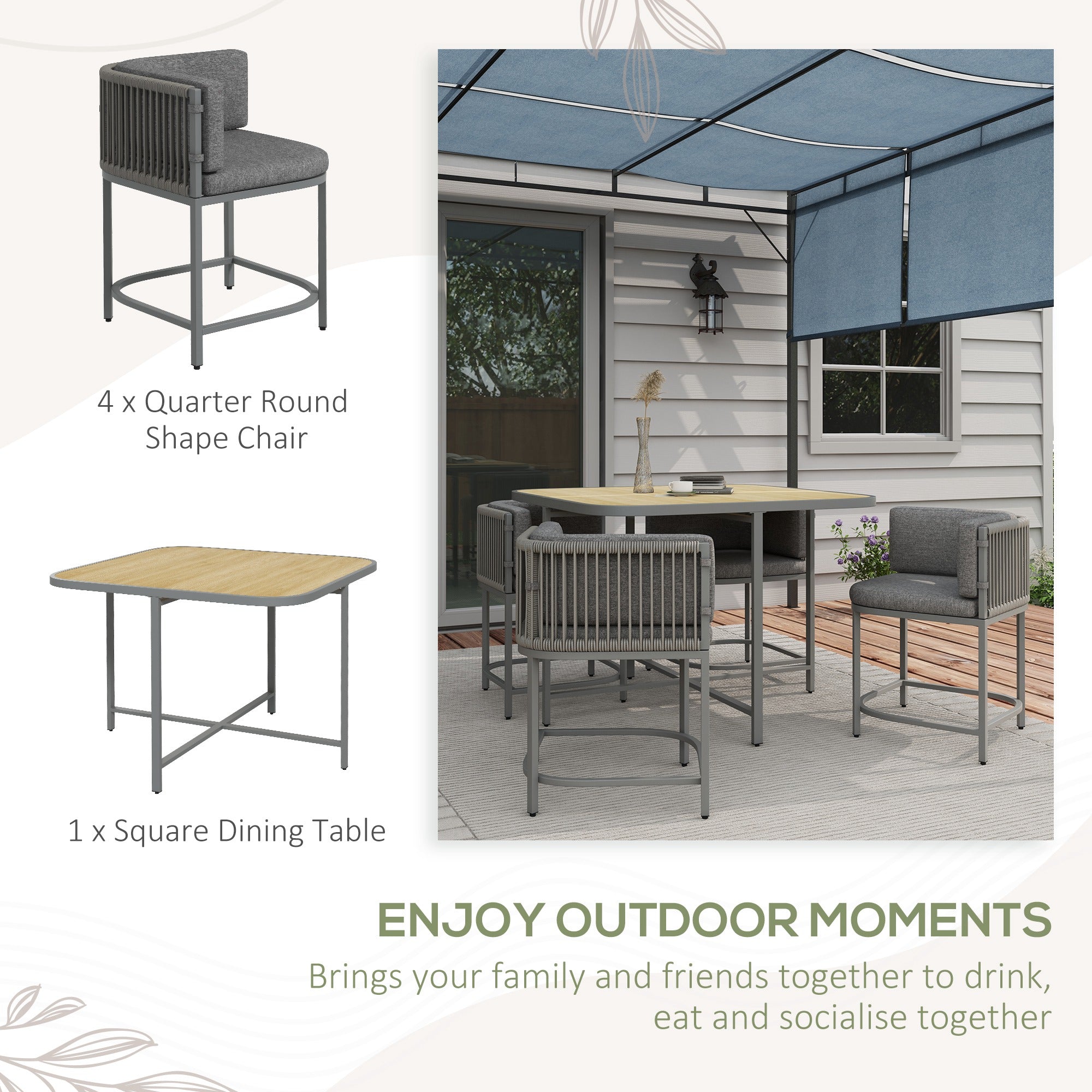 Outsunny 4 Seater Rattan Cube Garden Furniture Set with Cushions, Square Garden Dining Set with Stone Composite Board Top Table, Outdoor Dining Table and Chairs, Grey