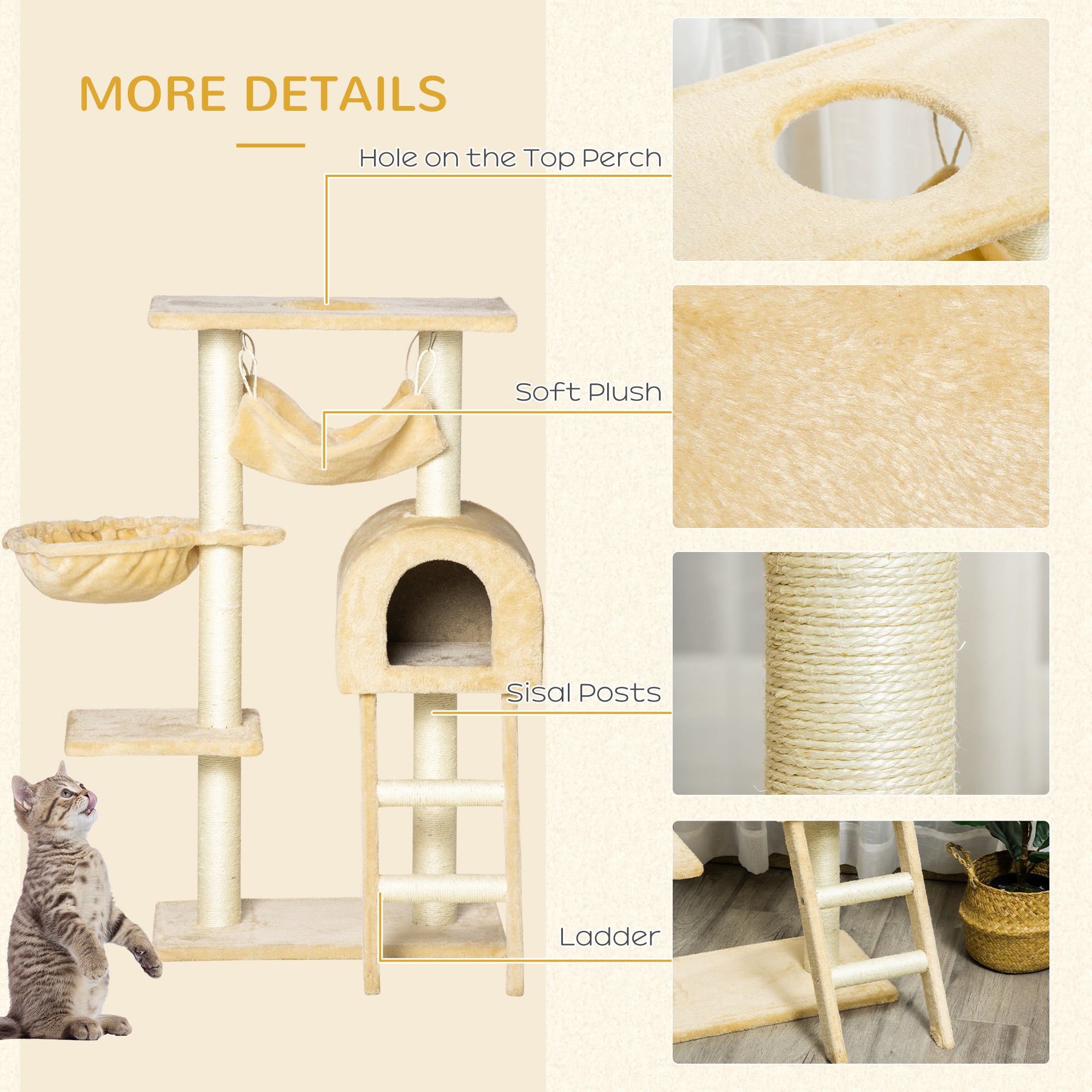 PawHut Cat Tree Tower for Indoor Cats Kitten Activity Centre Scratching Post w/ Hammock House Basket Ladder - Beige - North Peak Garden Furniture