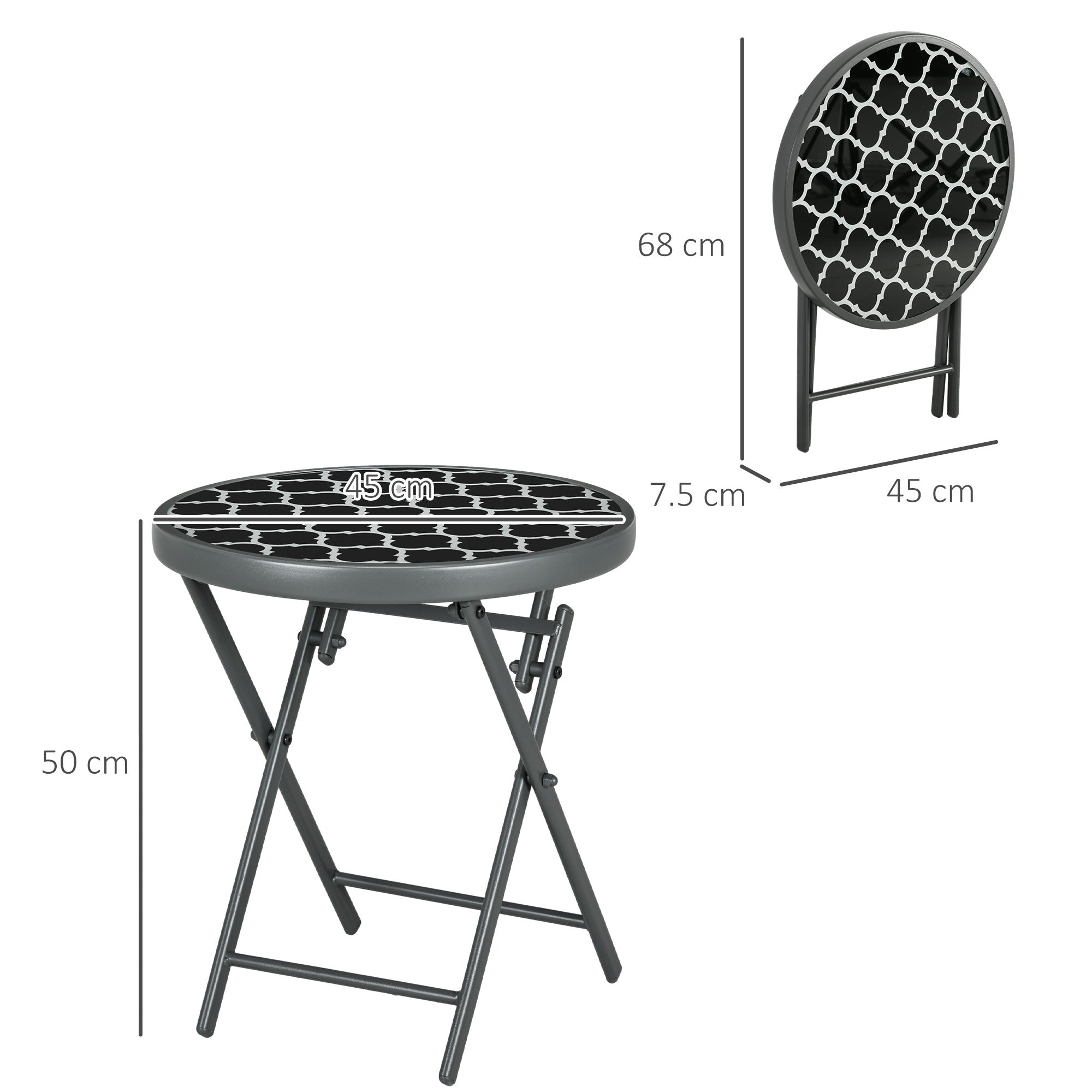 Outsunny Φ45cm Garden Side Table, Outdoor Round Folding Patio Table with Imitation Marble Glass Top, Small Coffee Table, Black and White - North Peak Garden Furniture
