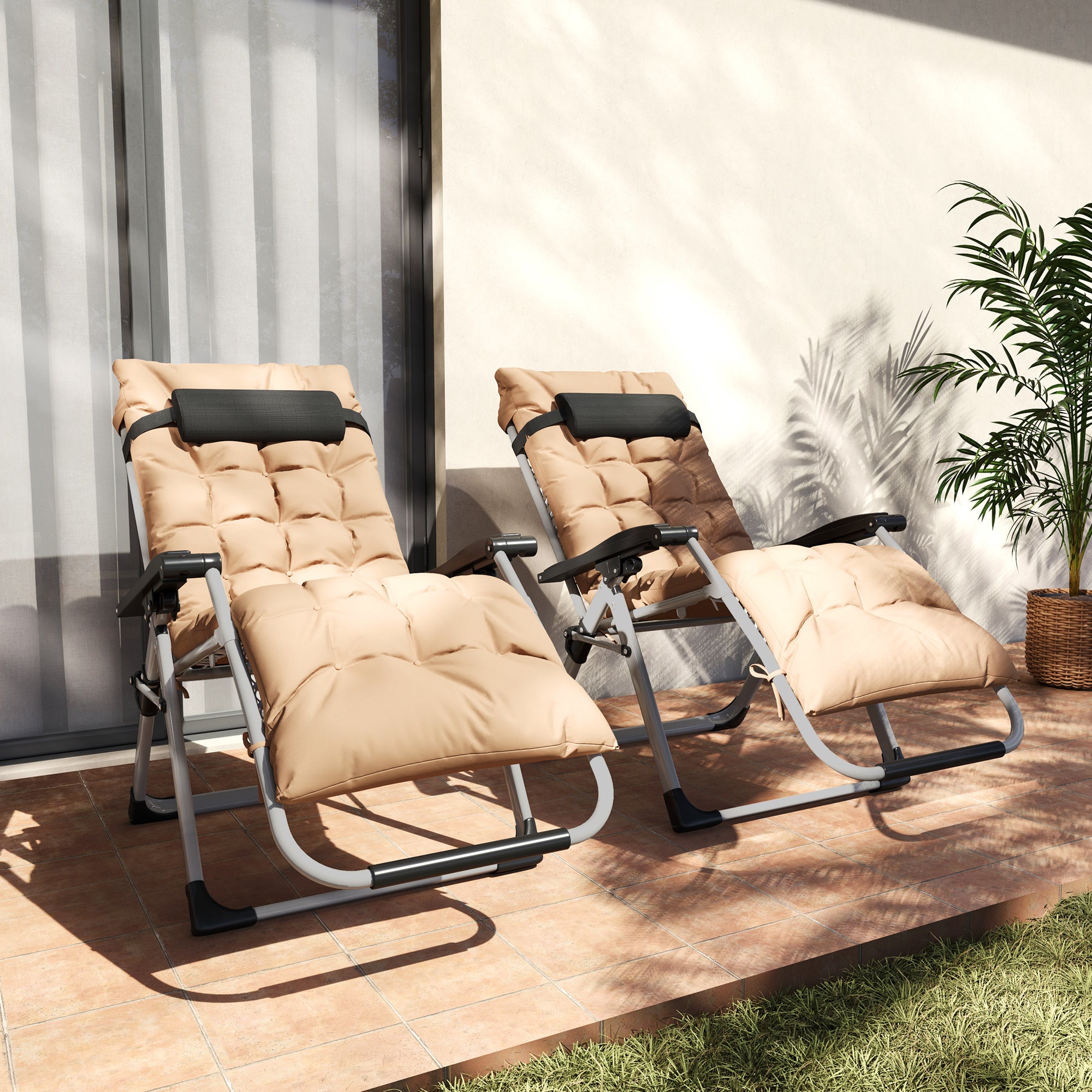 Outsunny 2 Piece Reclining Zero Gravity Sun Loungers with Cushions, Khaki - North Peak Garden Furniture