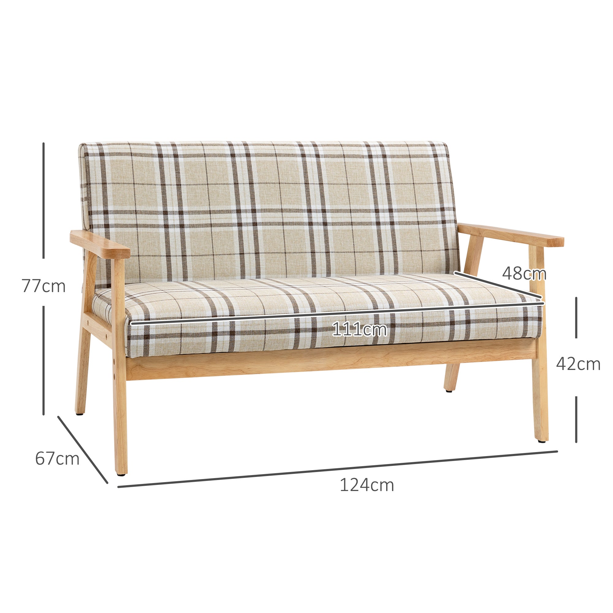 HOMCOM Compact Loveseat Couch Double Seat Sofa with Lattice Pattern and Rubber Wood Frame Beige and Coffee - North Peak Garden Furniture