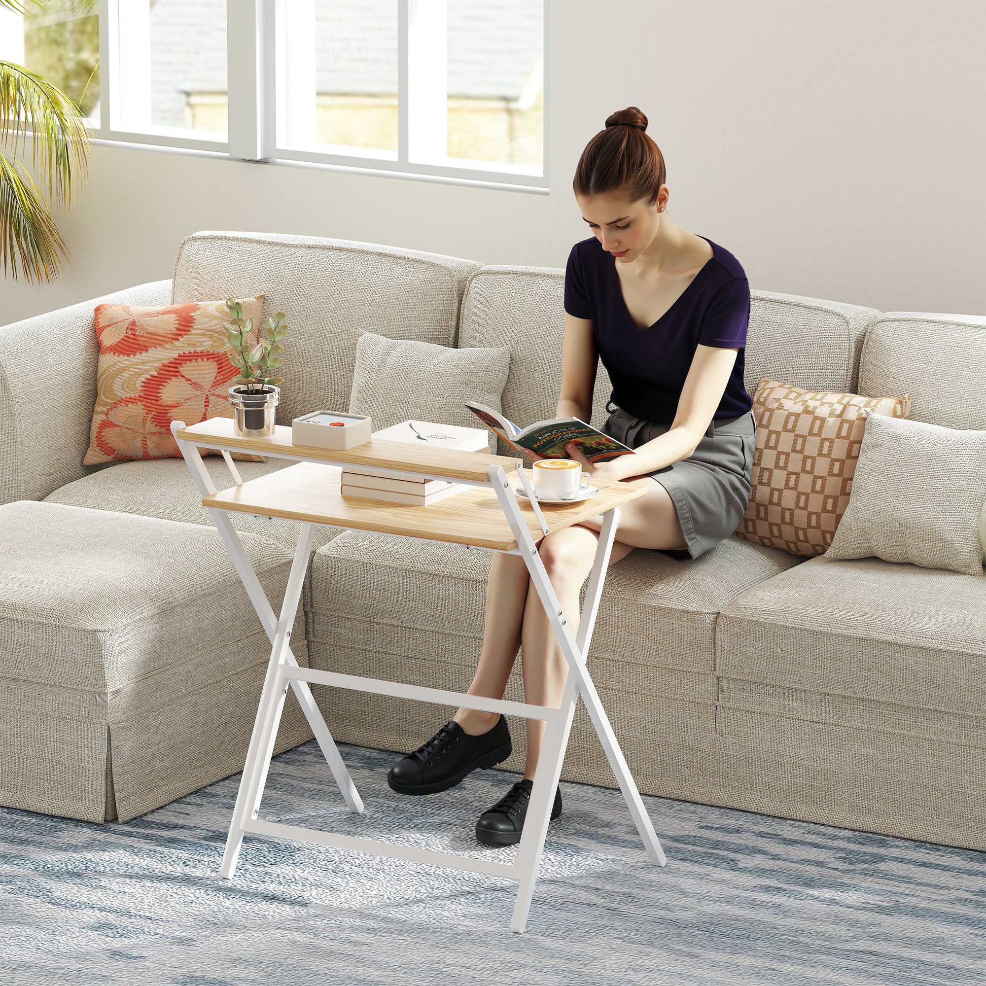 HOMCOM 70 cm Folding Computer Desk with Monitor Shelf - Natural Wood Finish - North Peak Garden Furniture