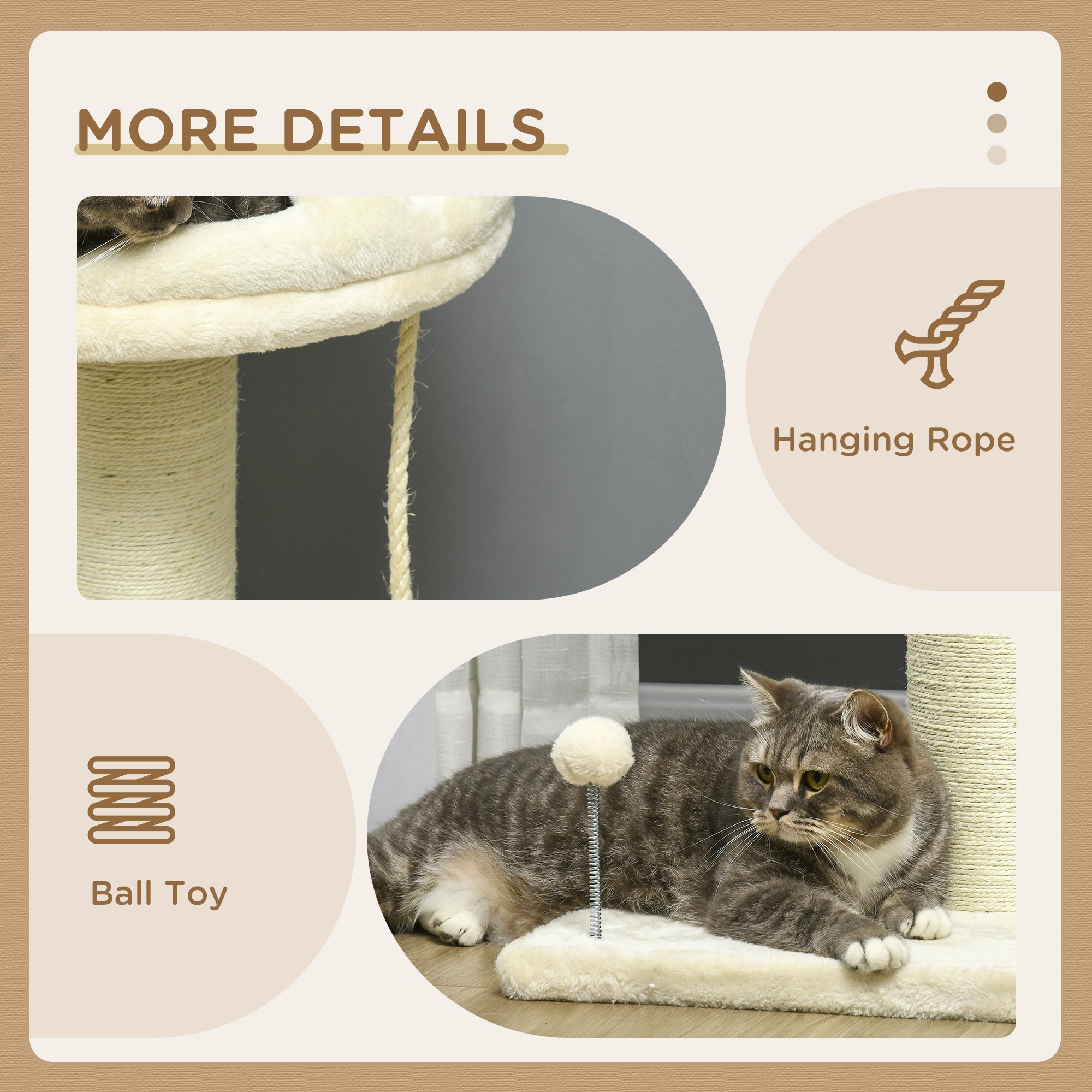 PawHut Cat Tree, with Sisal Wrapped Scratching Post - Cream - North Peak Garden Furniture