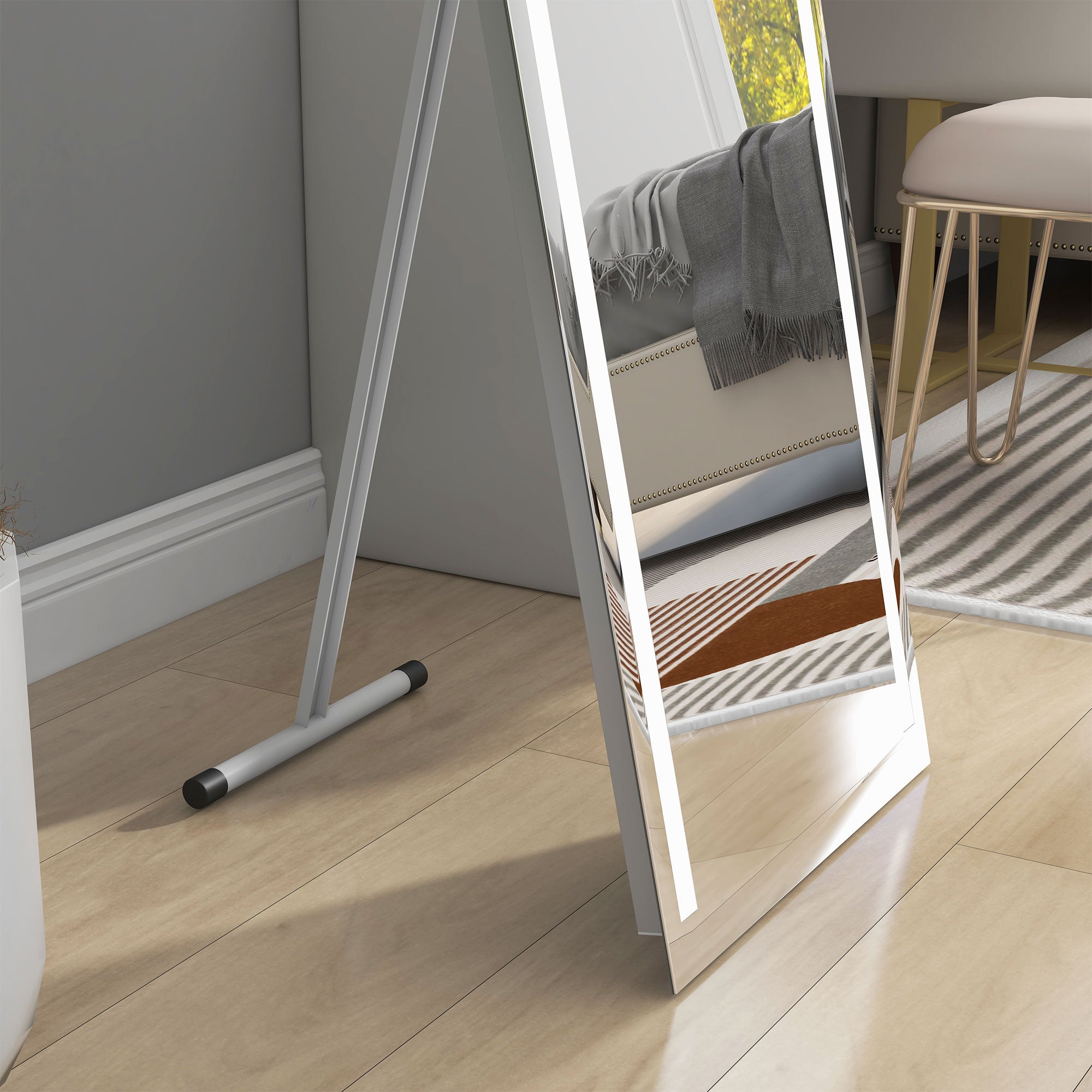HOMCOM Standing Dressing Mirror with LED Lights, Wall Dressing Mirror for Bedroom with Dimmable and 3 Colour Lighting, White - North Peak Garden Furniture